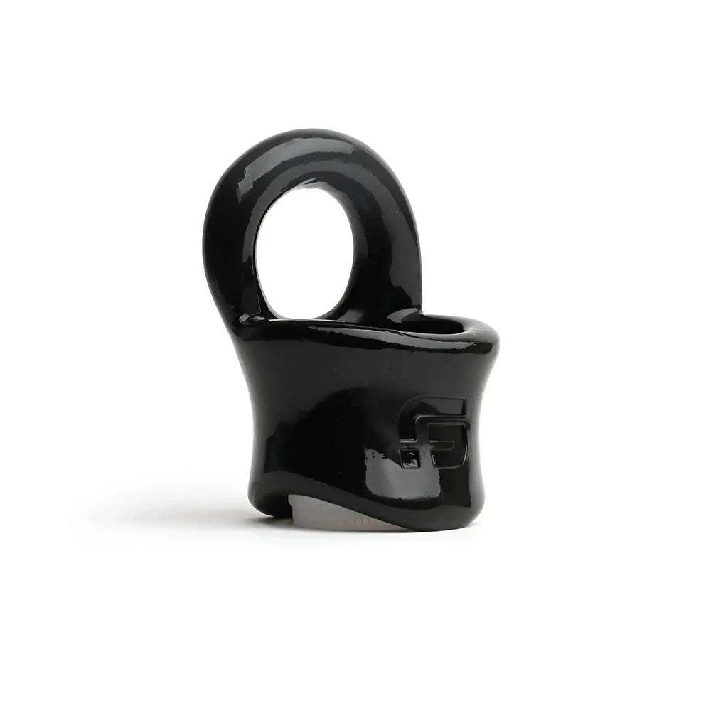Black glossy ceramic sport fucker baller ring with smooth curved design and embossed logo on the side