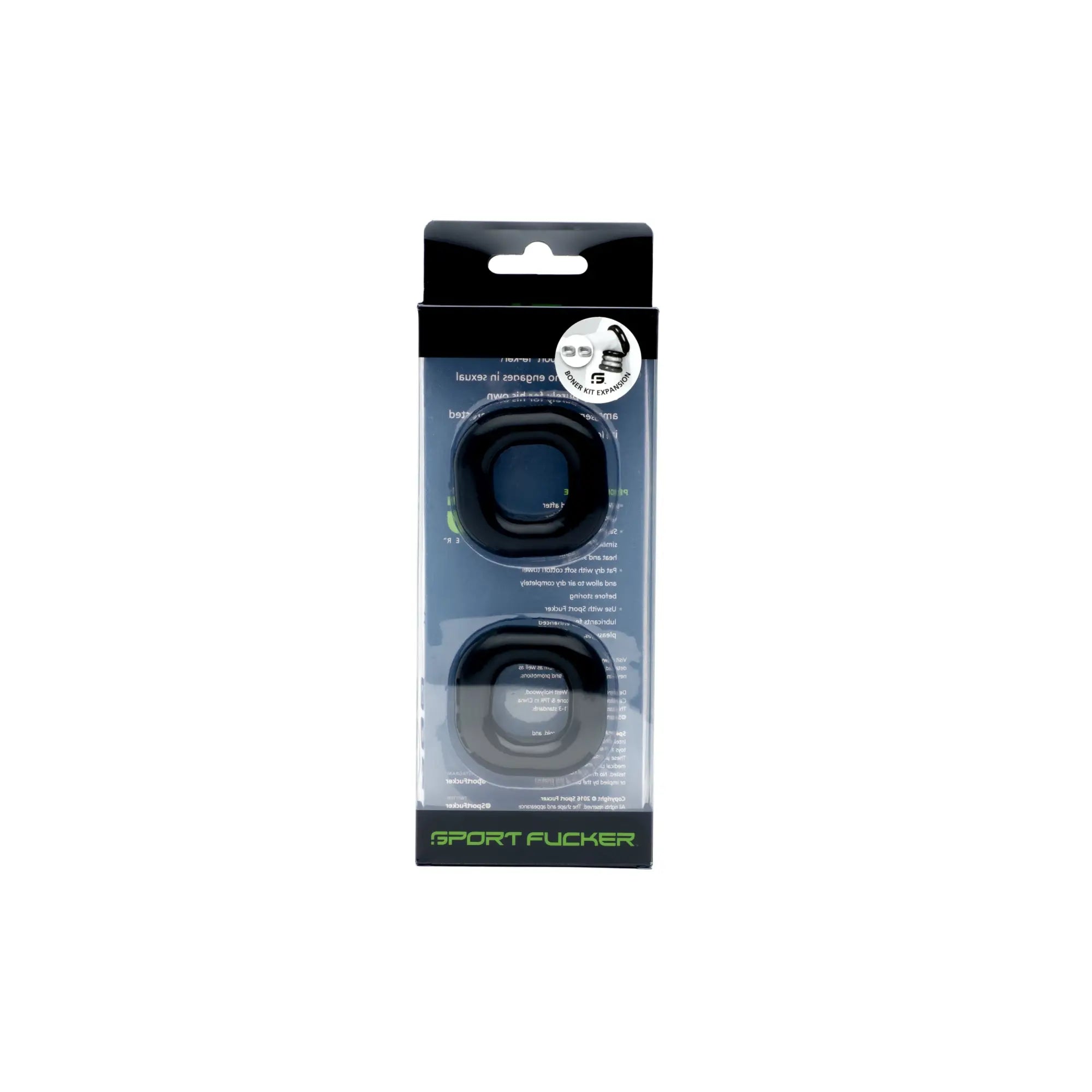 Black rubber earcup inserts for sport fucker headphones in clear plastic and black cardboard sleeve with green branding