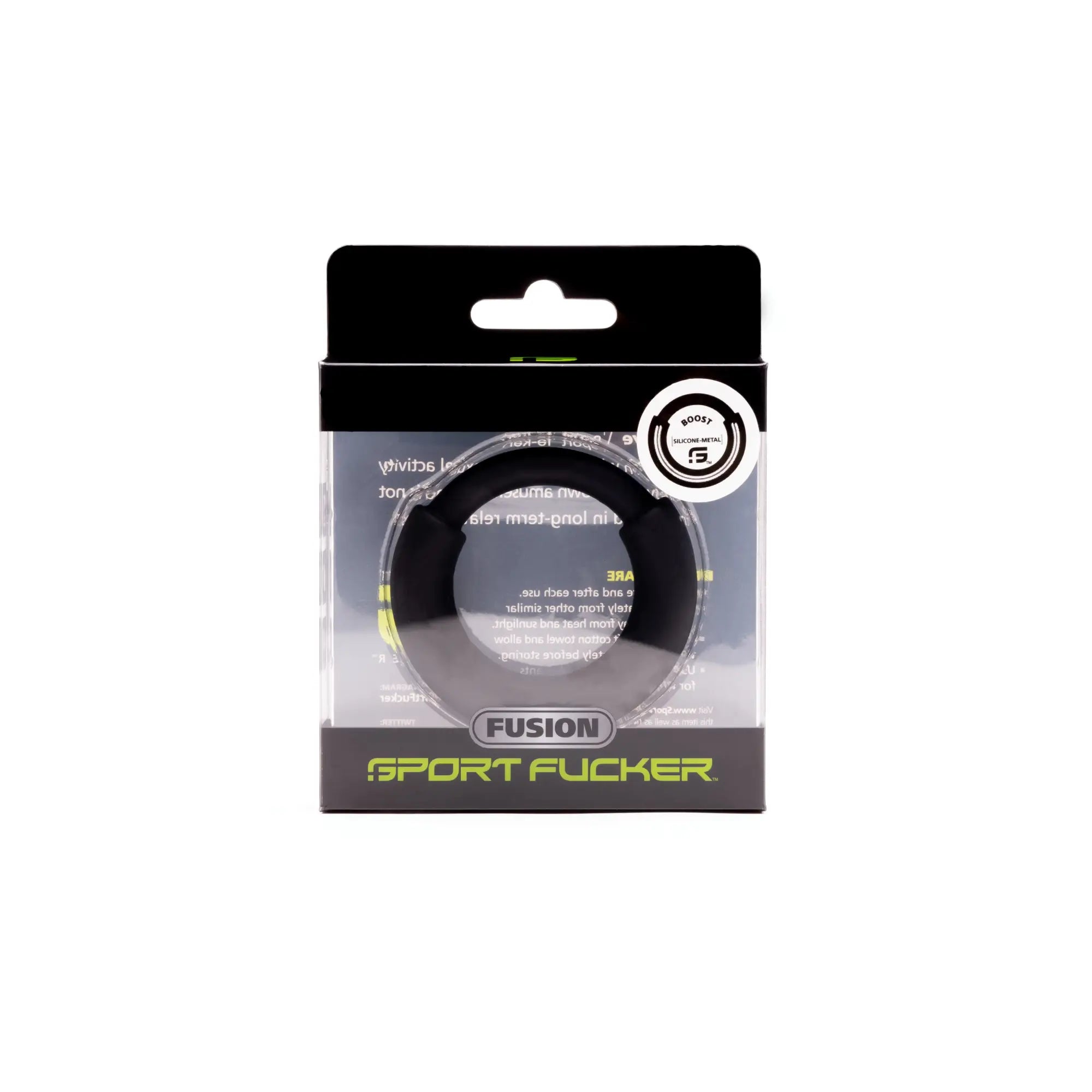 Black silicone sport fucker boost fusion ring in clear packaging with silicone metal branding and circular logo