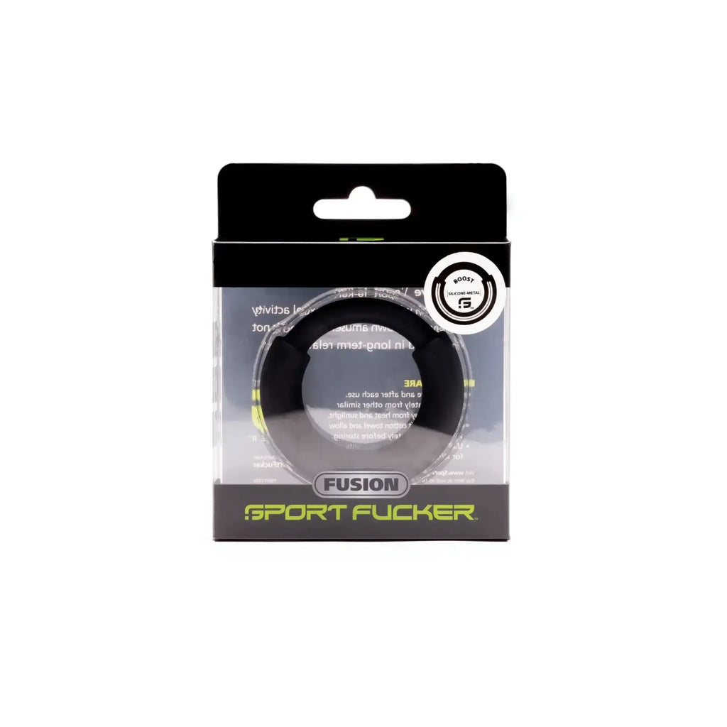 Black silicone sport fucker boost fusion ring in clear packaging with silicone metal branding and circular logo