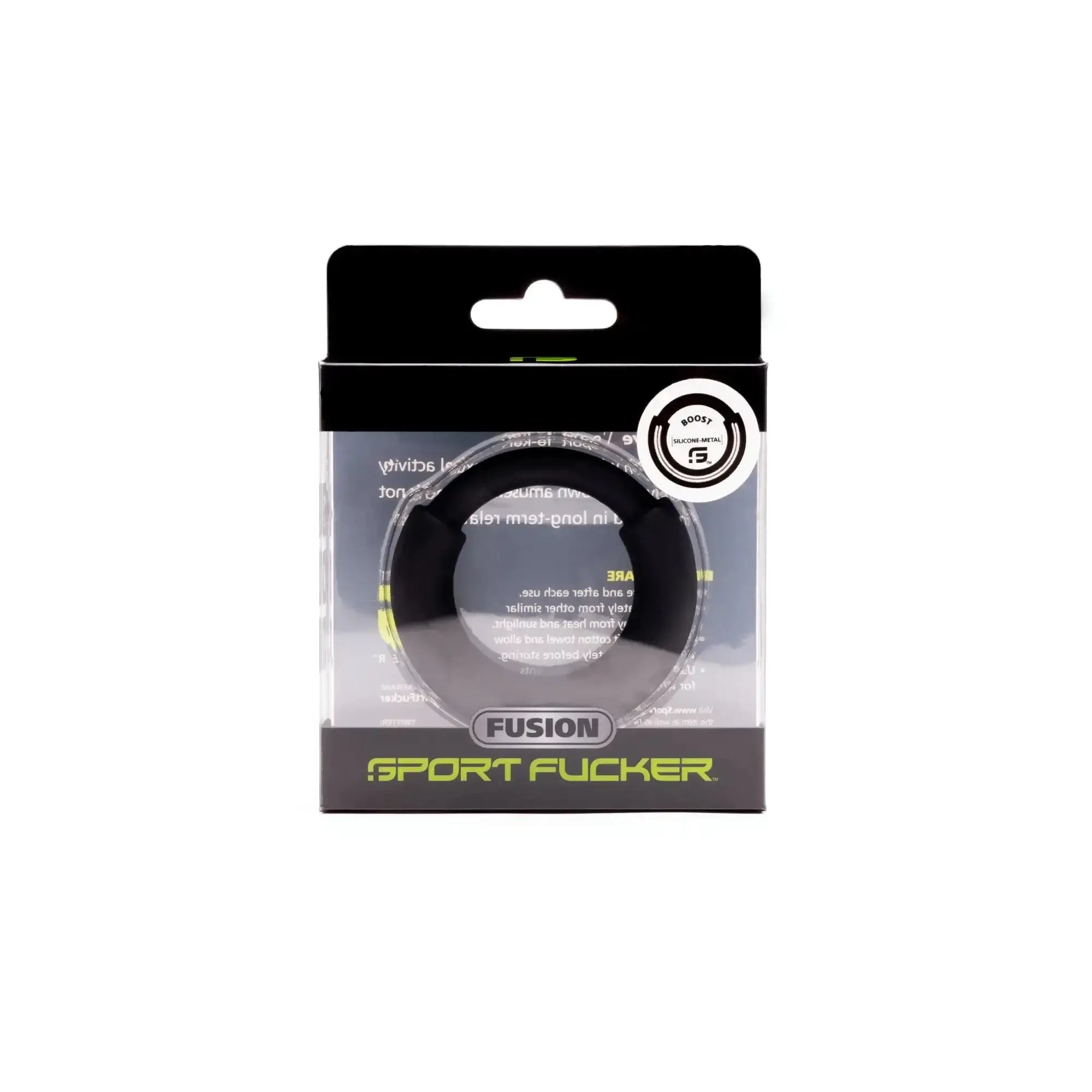Black silicone sport fucker boost fusion ring in clear packaging with silicone metal branding and circular logo