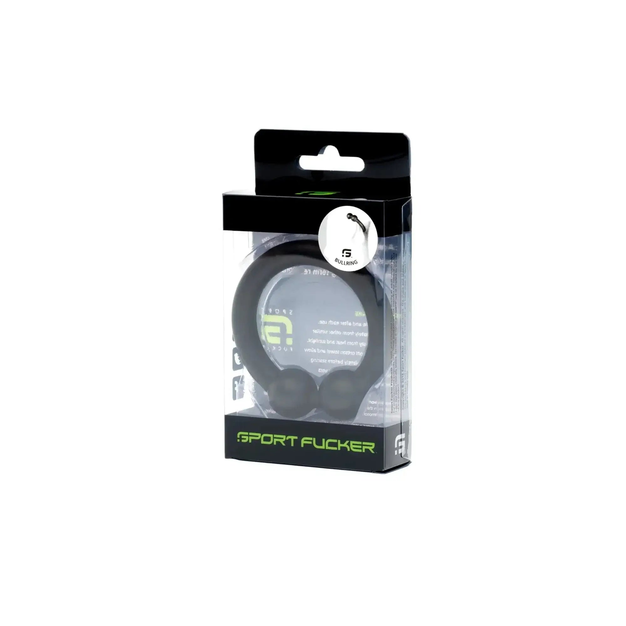 Black sport fucker bullring wireless headphones in clear packaging with neon green branding for active use
