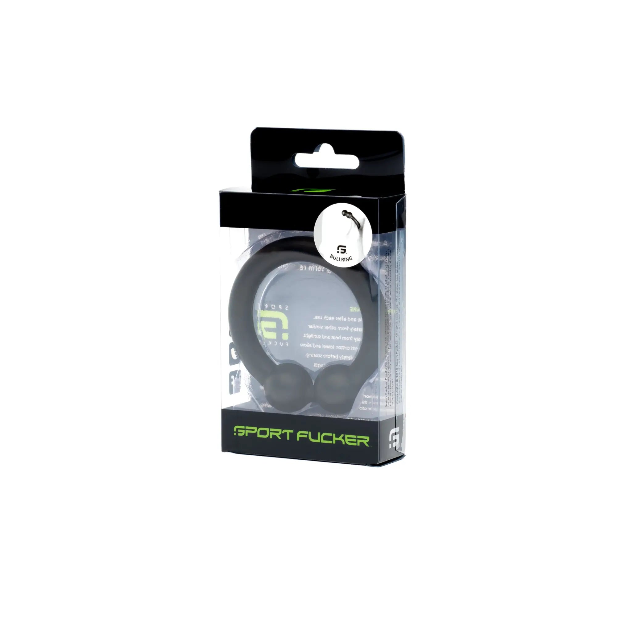 Black sport fucker bullring wireless headphones in clear packaging with neon green branding for active use