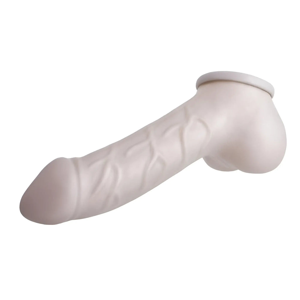White silicone dildo with textured surface and rounded head in sport fucker carlos latex cock sleeve silver design