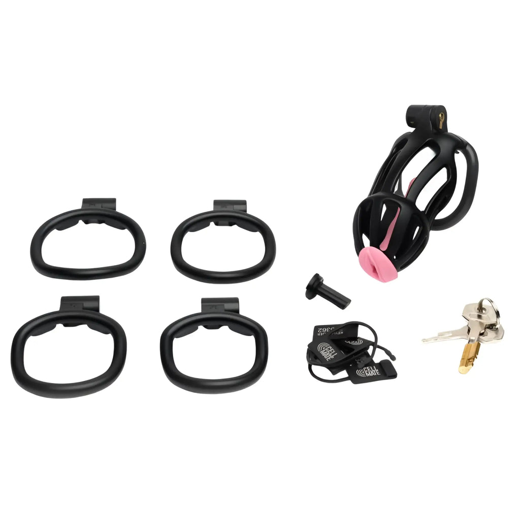 Black sport fucker centurion size 2 cock cage with pink interior lining and matching black rings keys and hardware