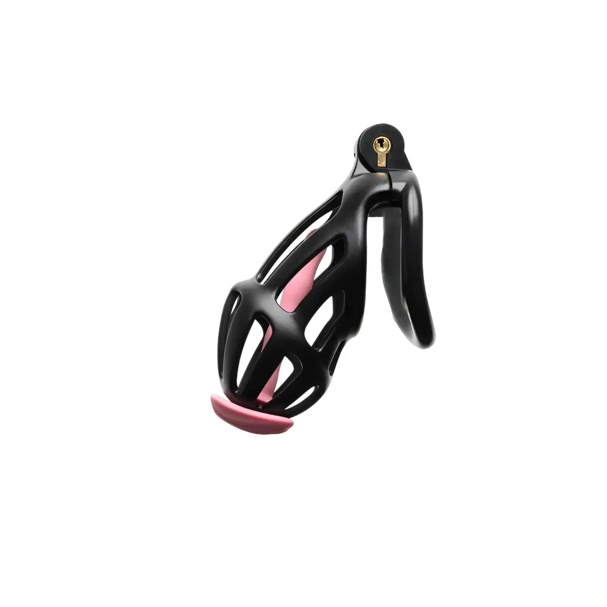 Sport Fucker Centurion size 2 black cage-style chastity device with pink padding and gold lock mechanism