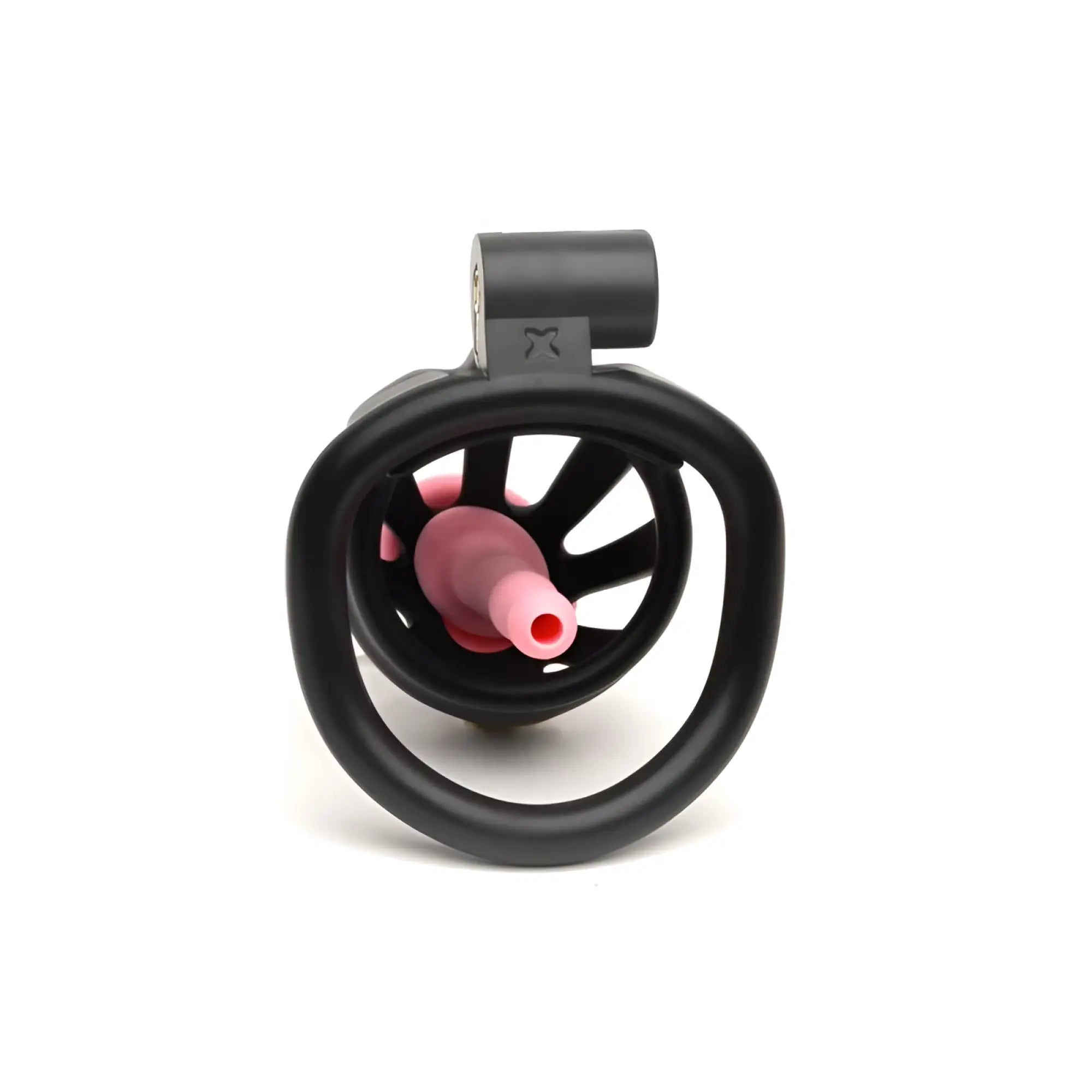 Black plastic sport fucker centurion size 2 cock cage with pink silicone pussification plug and small logo on top bar