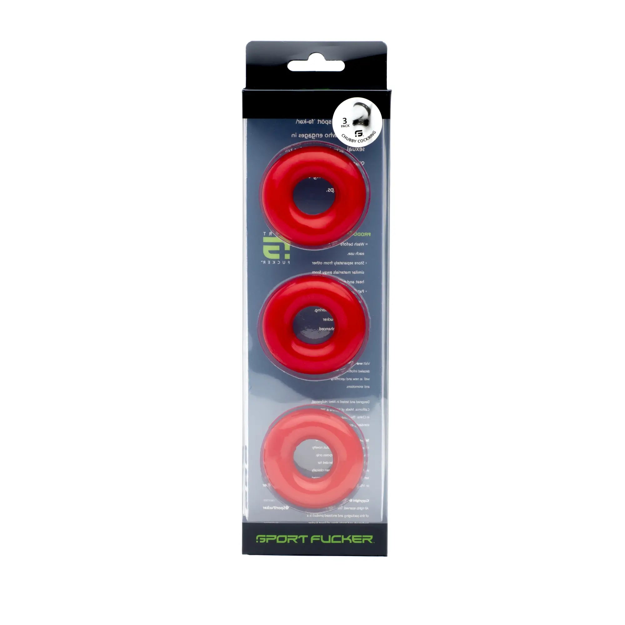 Red rubber grip cockrings sport fucker chubby 3 pack in clear plastic packaging with black and green branding