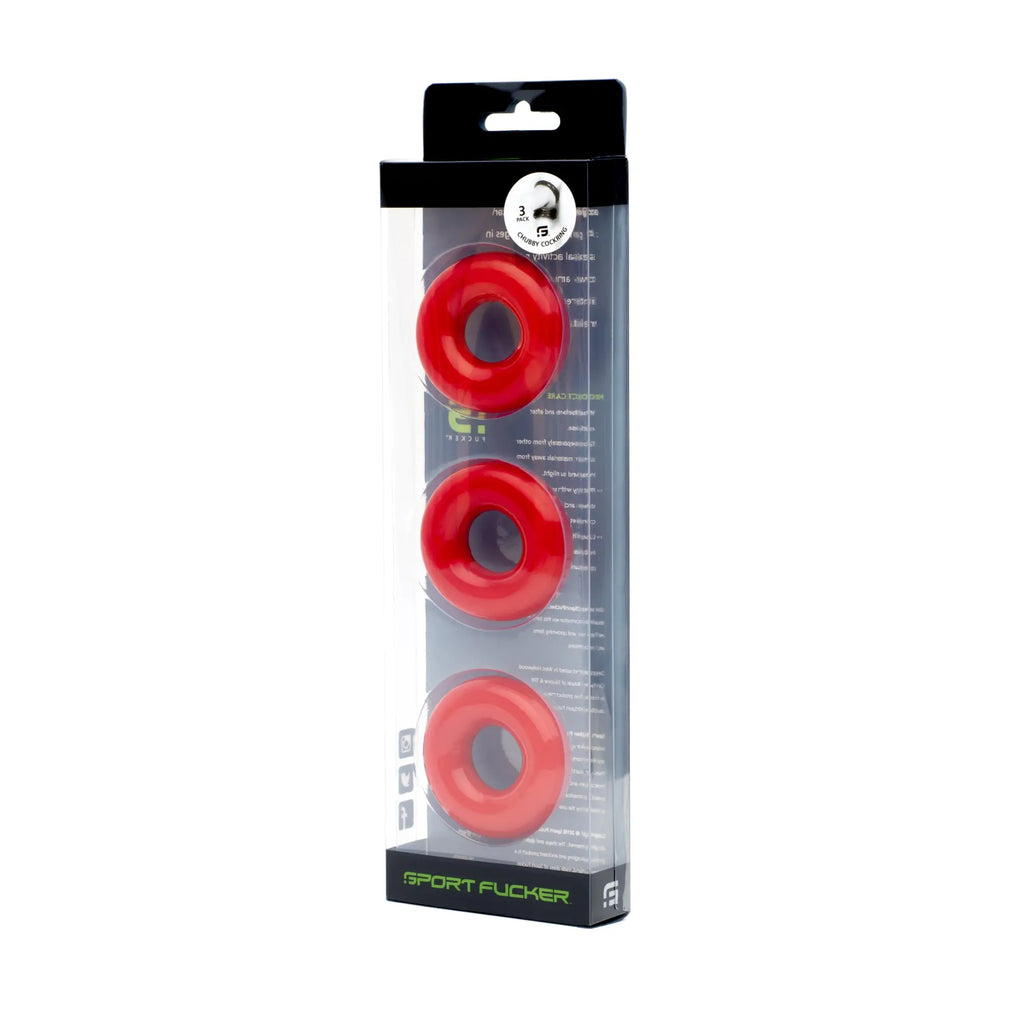 Sport fucker chubby cockring 3 pack with three bright red circular silicone grip rings in clear packaging with black accents