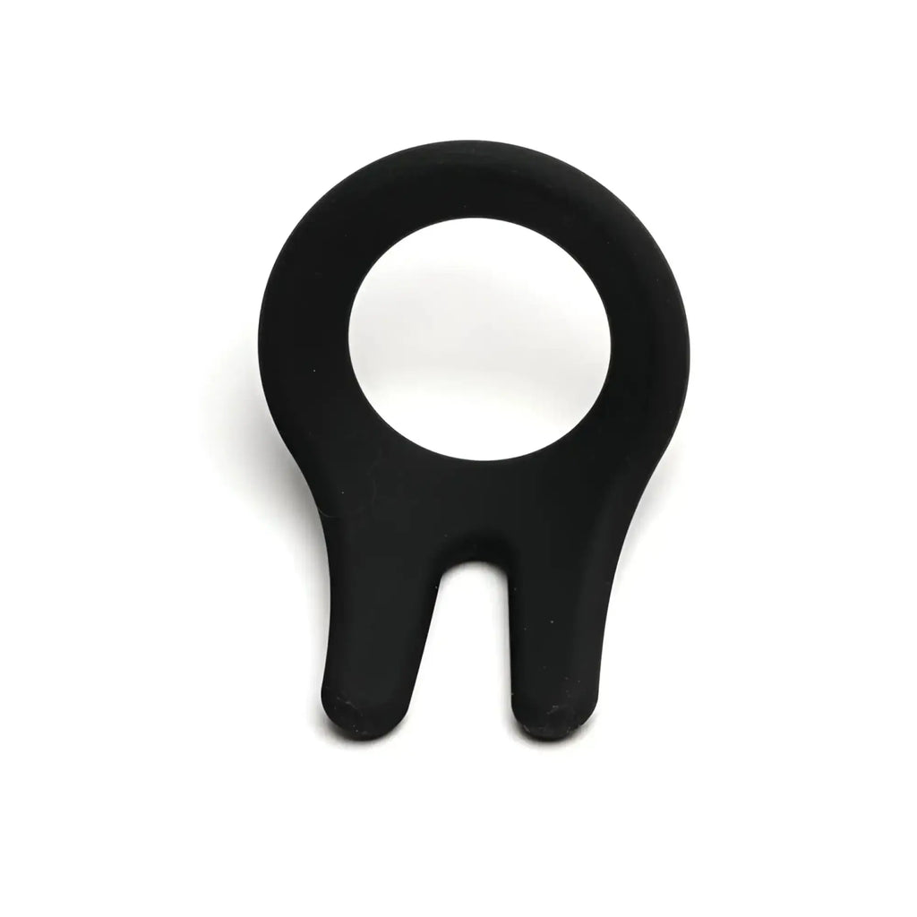 Black silicone sport fucker cockpit ring with central hole and two downward pointing prongs for enhanced fit