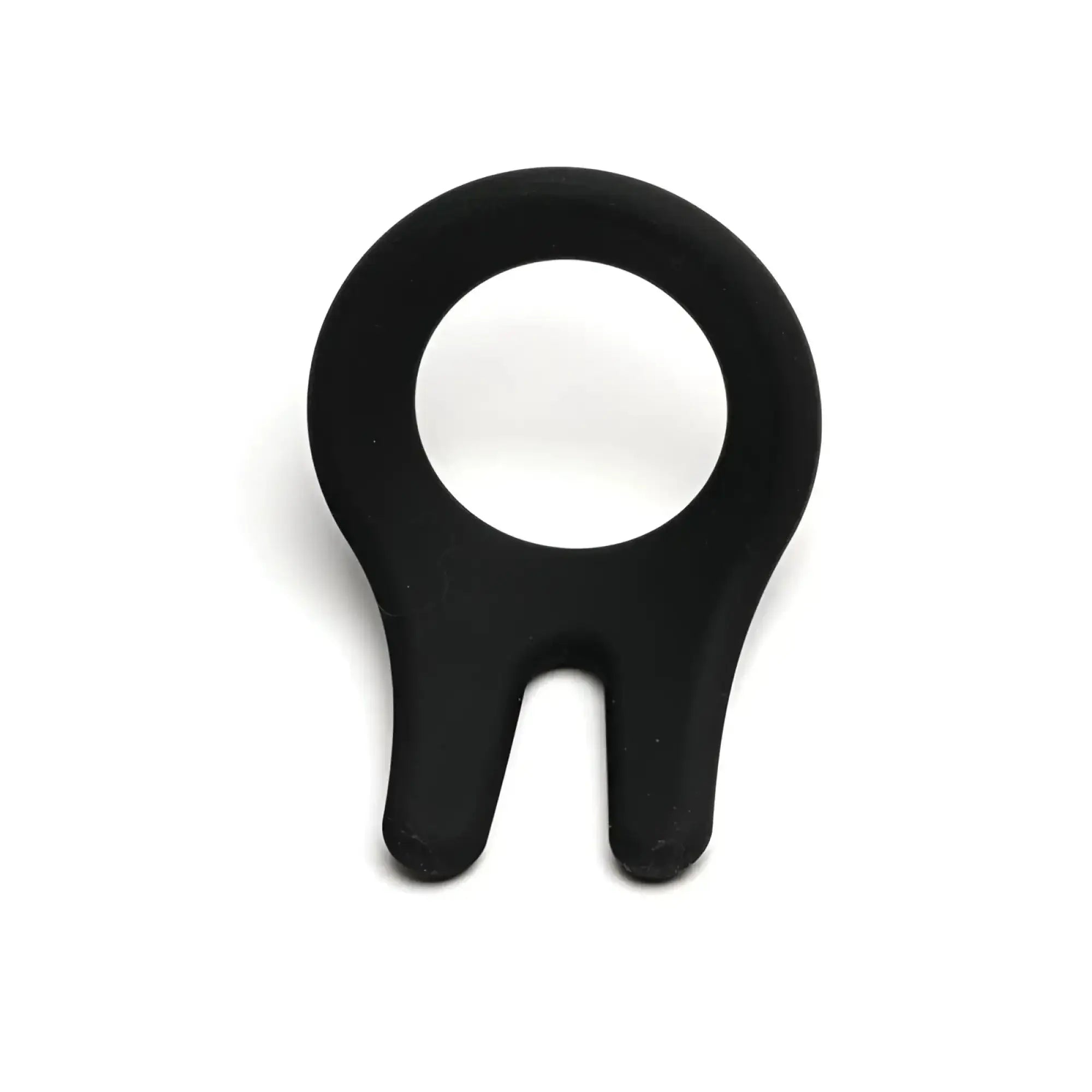Black silicone sport fucker cockpit ring with central hole and two downward pointing prongs for enhanced fit