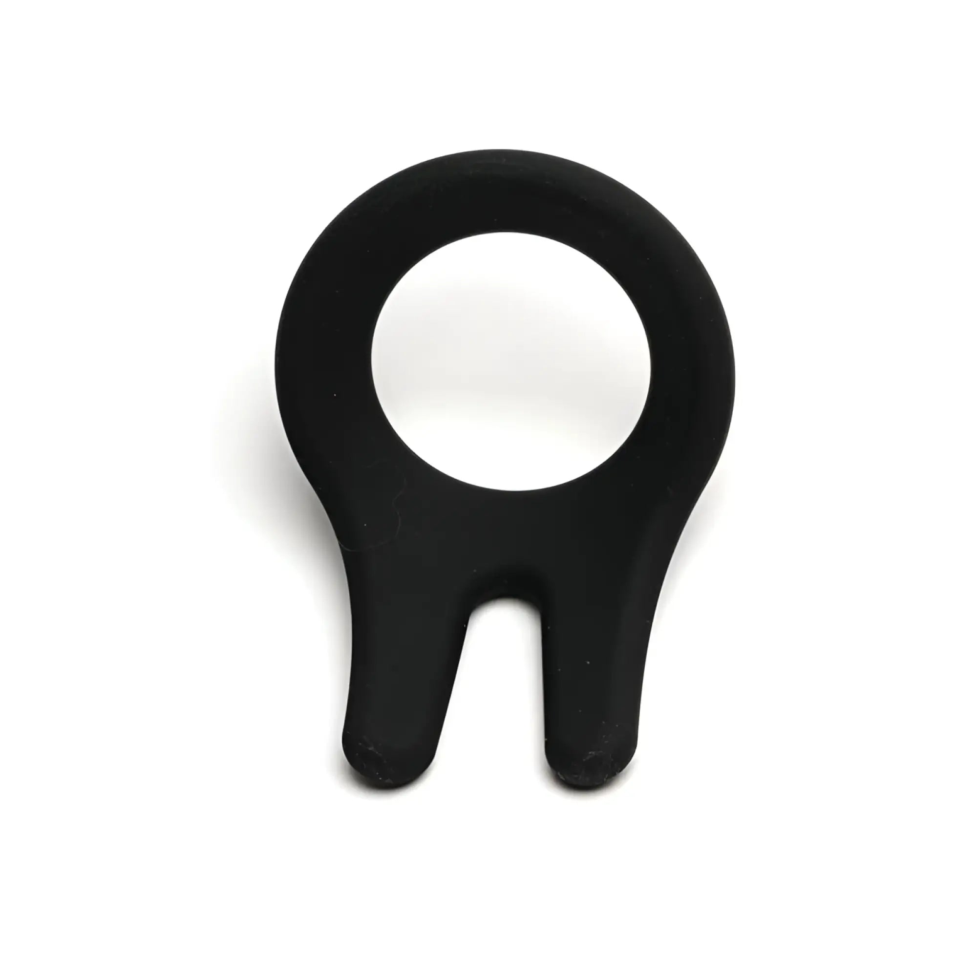 Black silicone sport fucker cockpit ring with central hole and two downward pointing prongs for enhanced fit