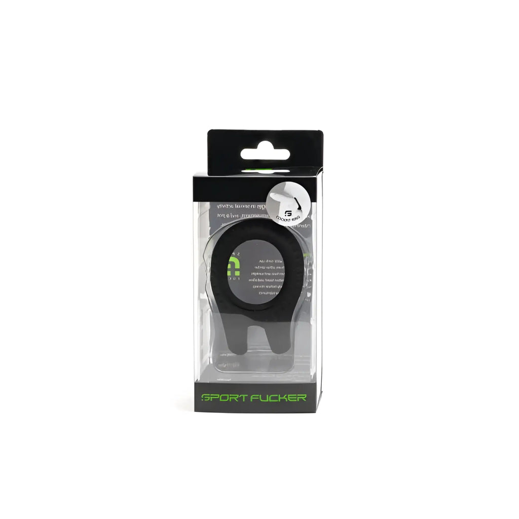 Black silicone sport fucker phone mount in clear packaging with green branding for car cockpit use