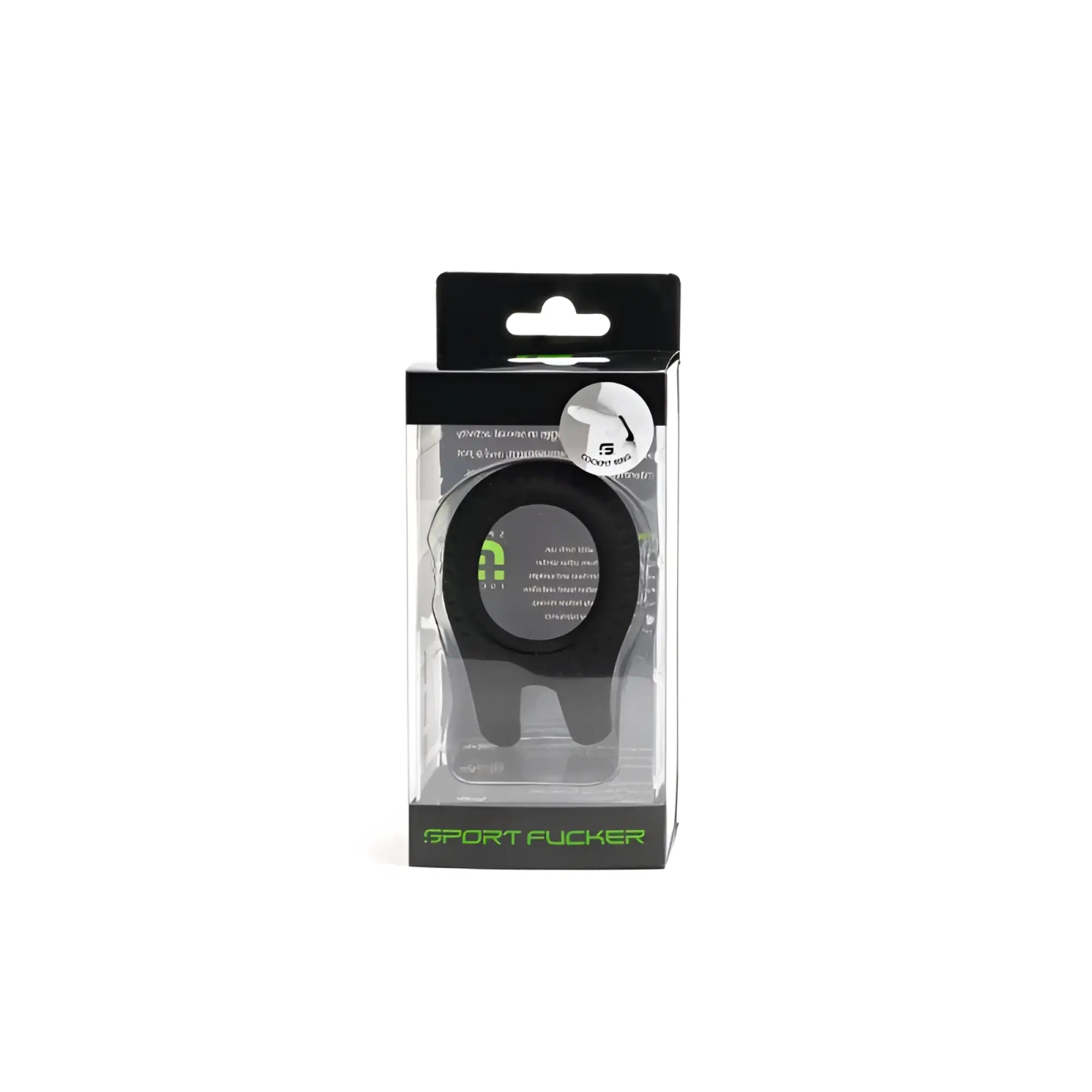 Black silicone sport fucker phone mount in clear packaging with green branding for car cockpit use