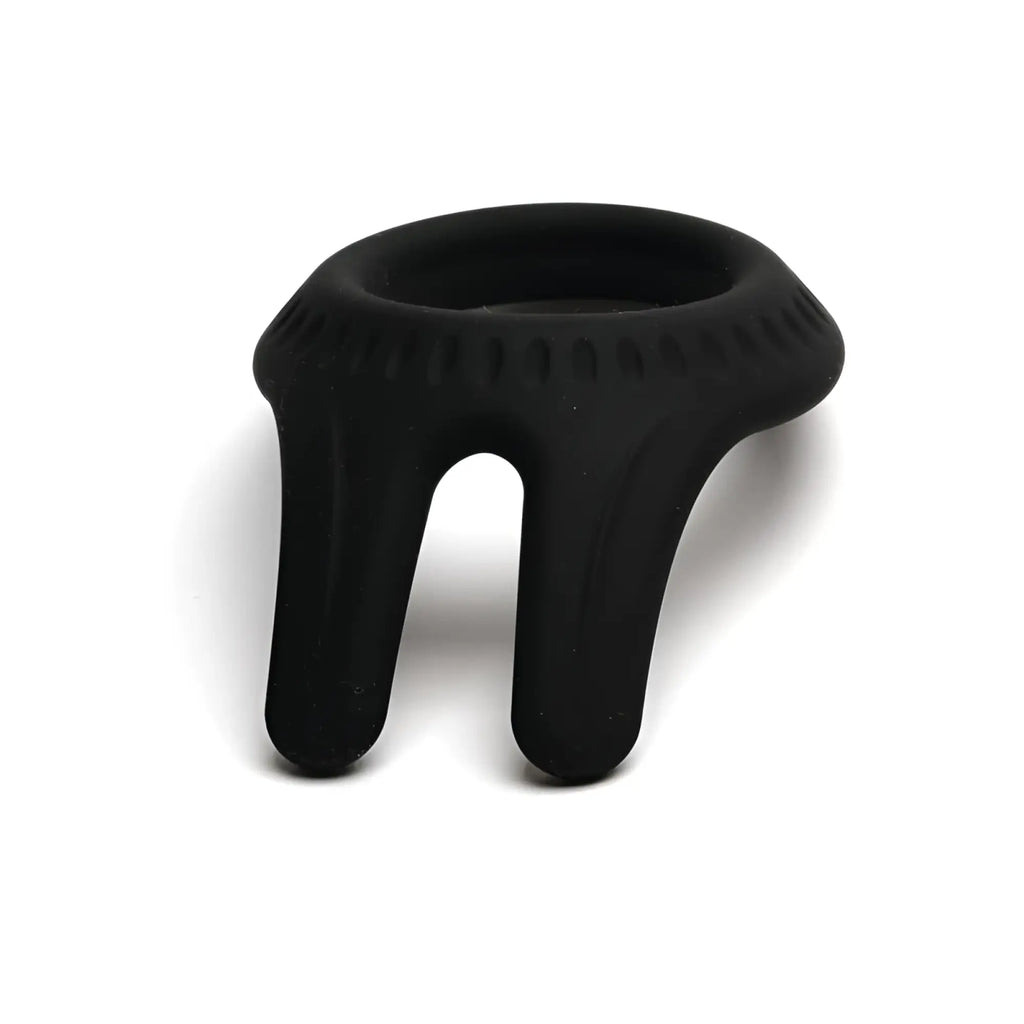 Black silicone sport fucker cockpit ring with textured grip and two curved prongs for enhanced support