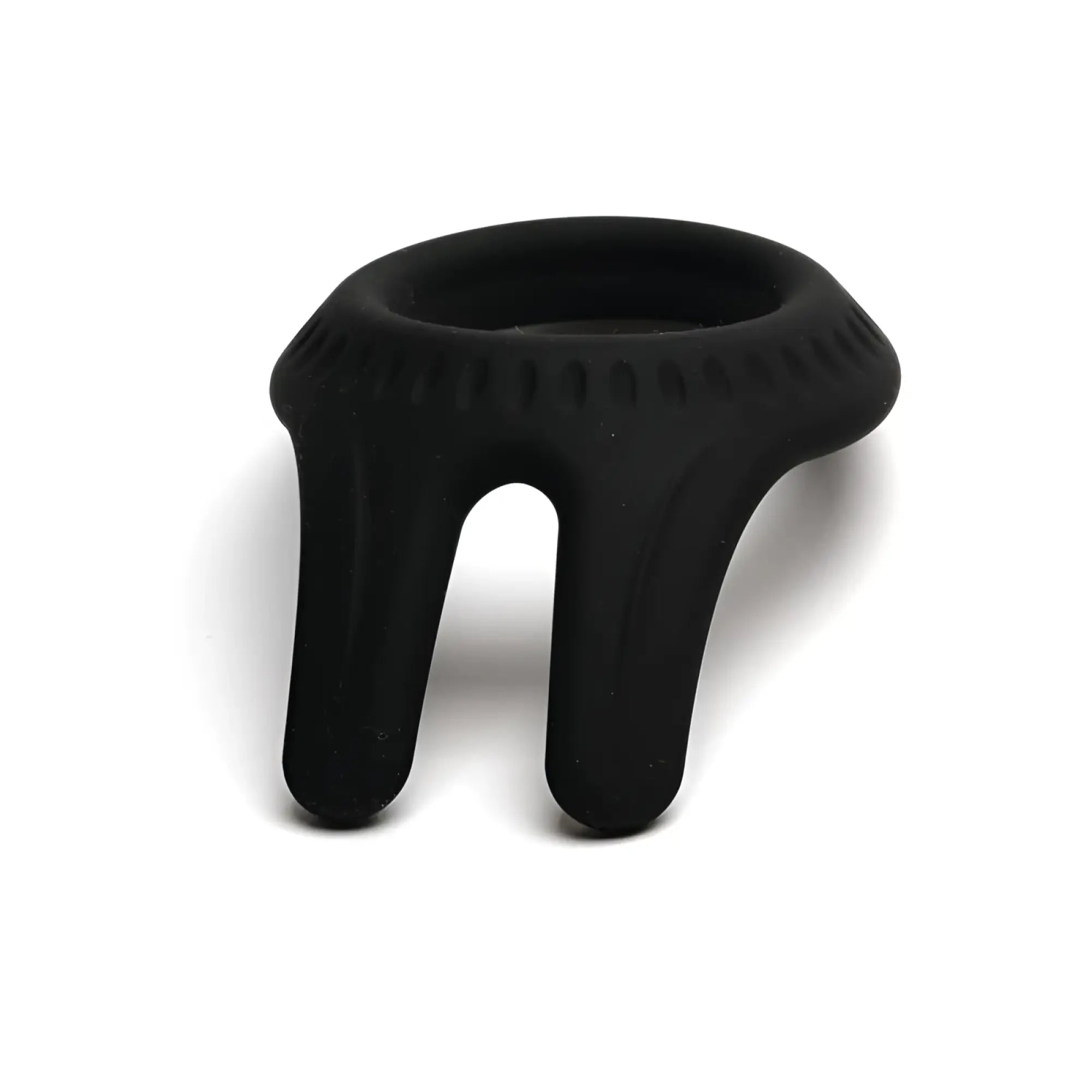Black silicone sport fucker cockpit ring with textured grip and two curved prongs for enhanced support