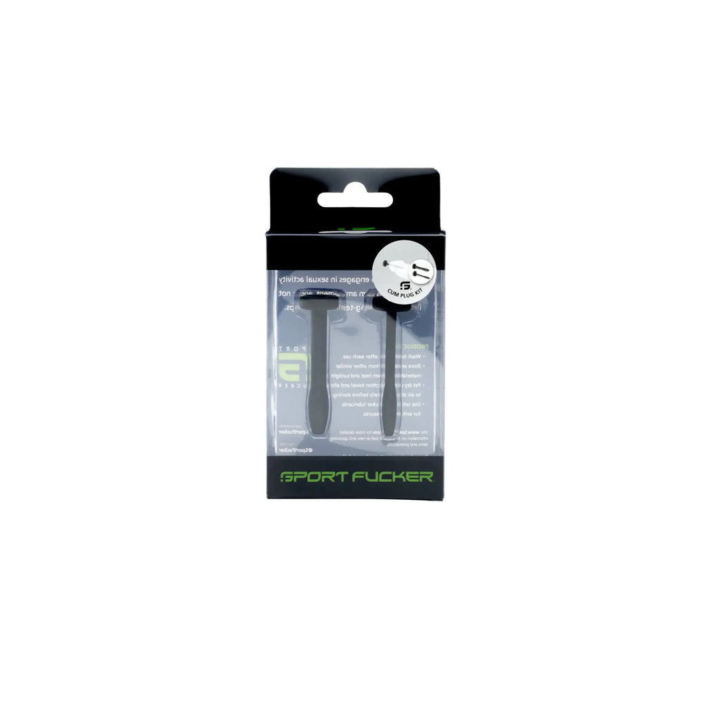 Black plastic sport fucker cum plug kit in clear packaging with green branding for discreet use