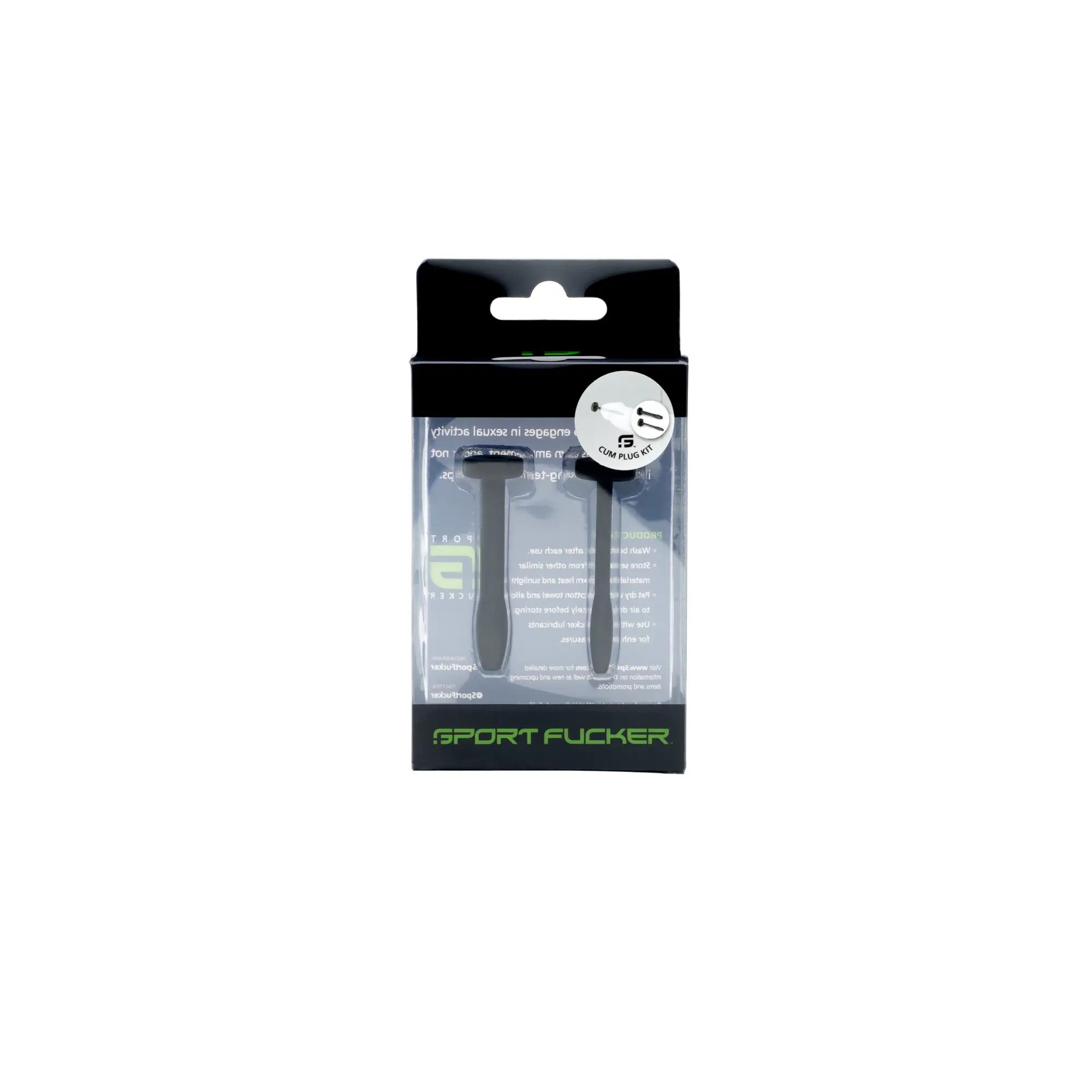 Black plastic sport fucker cum plug kit in clear packaging with green branding for discreet use