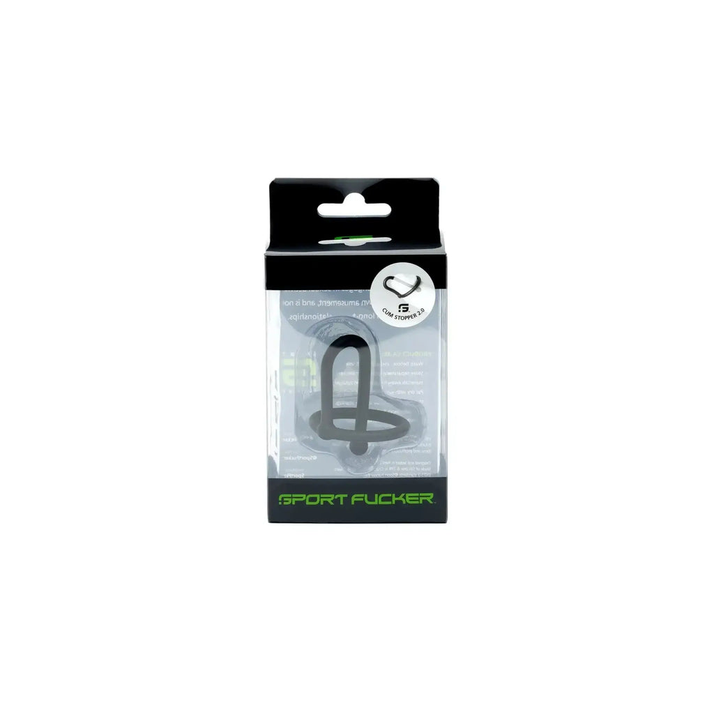 Black silicone sport fucker cum stopper 2.0 in clear plastic packaging with green branding