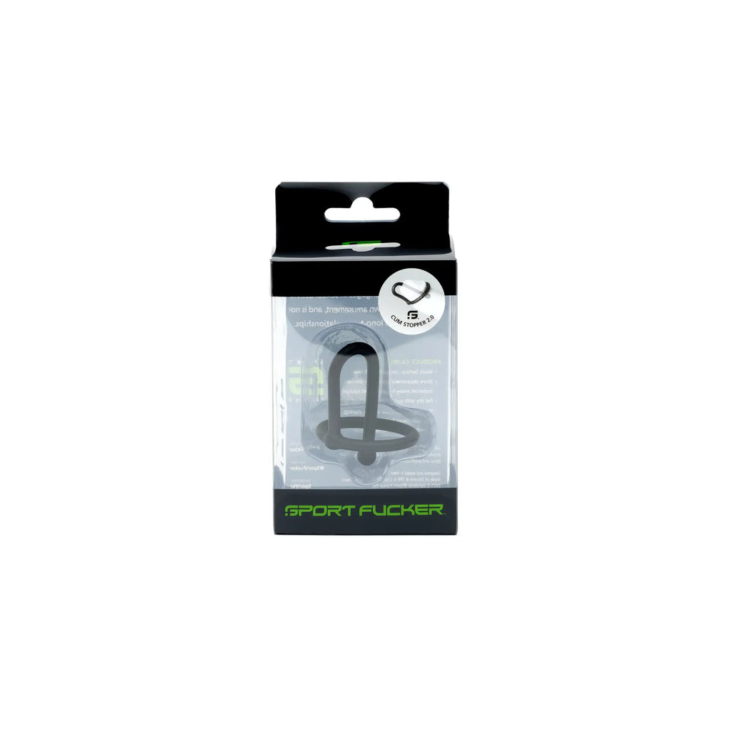 Black silicone sport fucker cum stopper 2.0 in clear plastic packaging with green branding