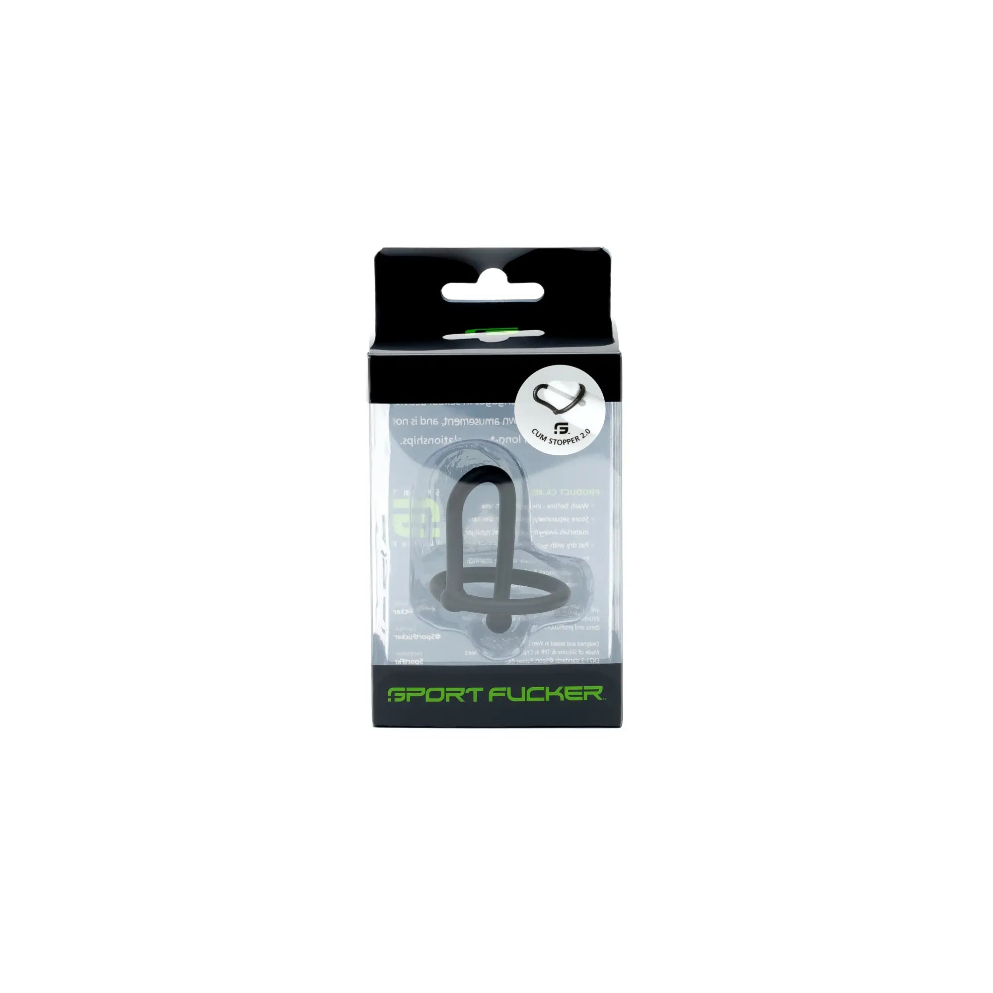Black silicone sport fucker cum stopper 2.0 in clear plastic packaging with green branding