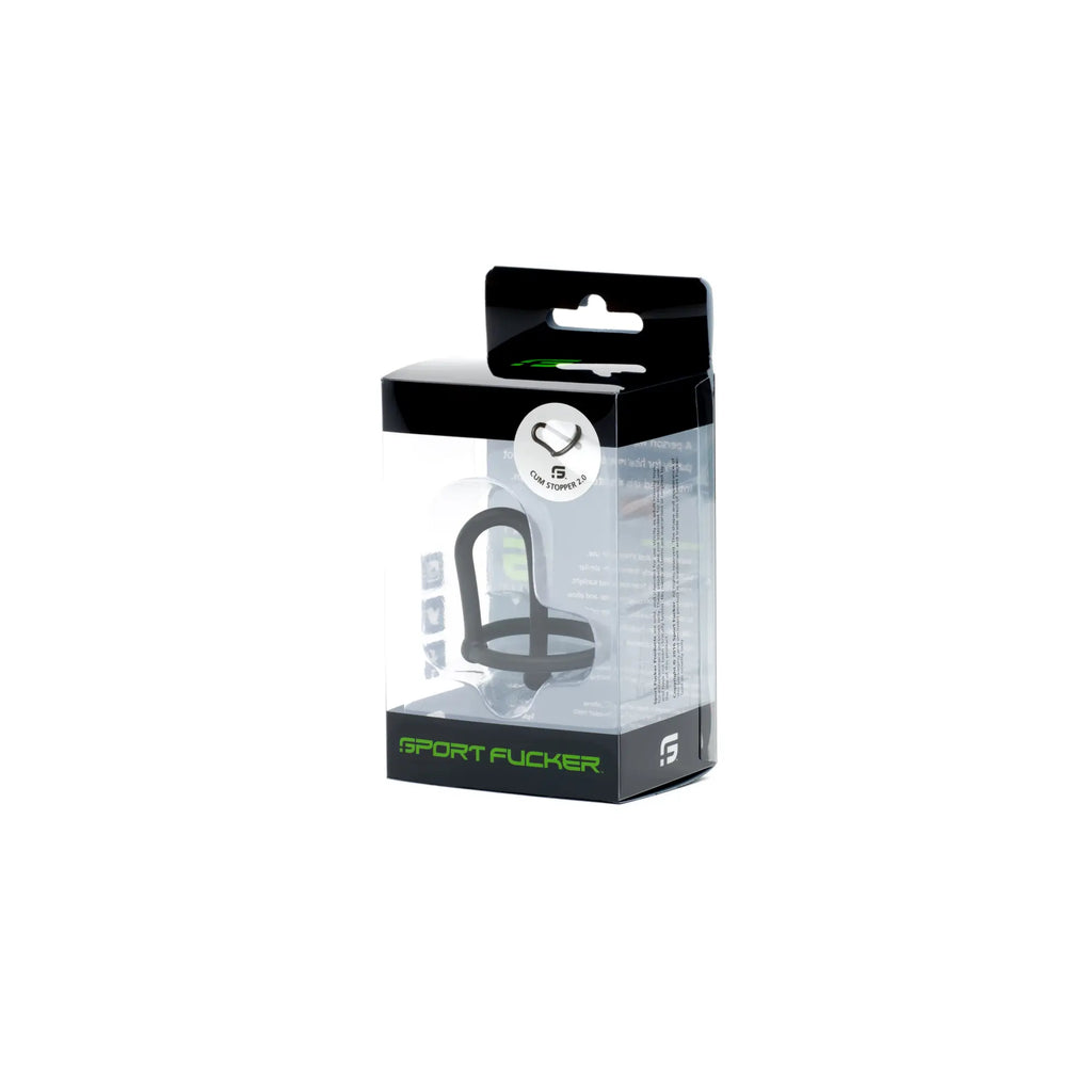 Black silicone sport fucker cum stopper 2.0 ring in clear packaging with green branding for sport use