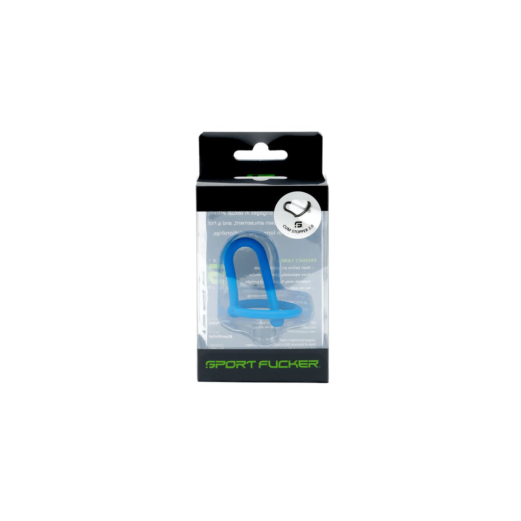 Blue plastic clam stopper sport fucker cum stopper 2.0 in black and clear packaging front view
