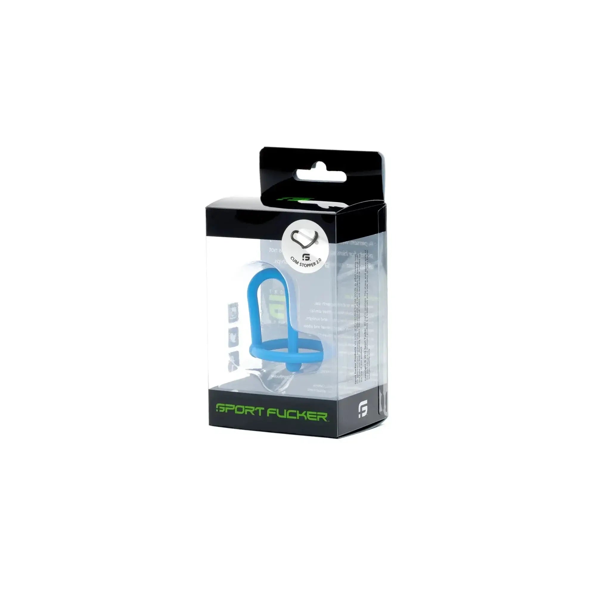 Blue silicone sport fucker cum stopper 2.0 in black and clear packaging for enhanced sport performance