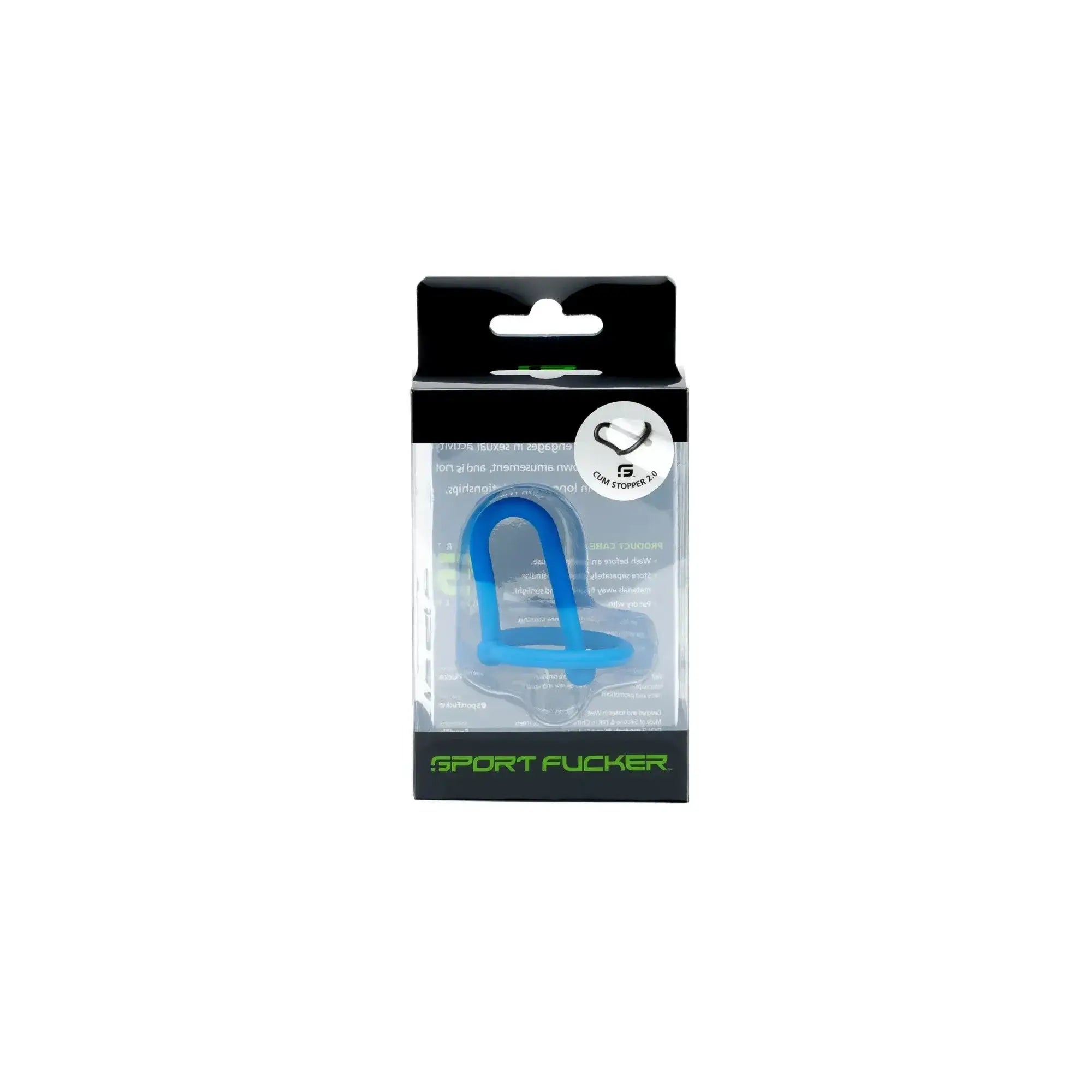 Blue plastic clam stopper sport fucker cum stopper 2.0 in black and clear packaging front view