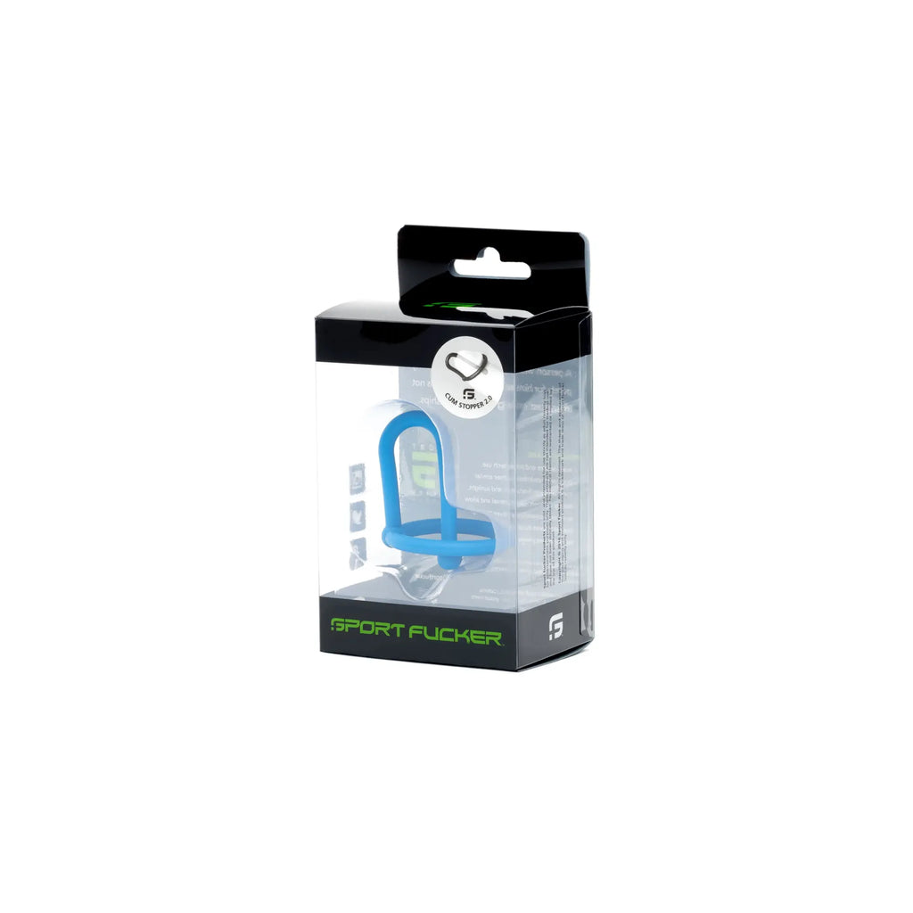 Blue silicone sport fucker cum stopper 2.0 in black and clear packaging for enhanced sport performance
