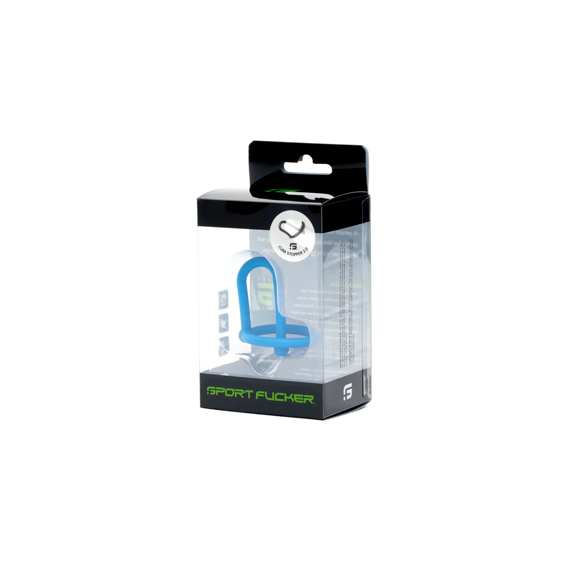 Blue silicone sport fucker cum stopper 2.0 in black and clear packaging for enhanced sport performance