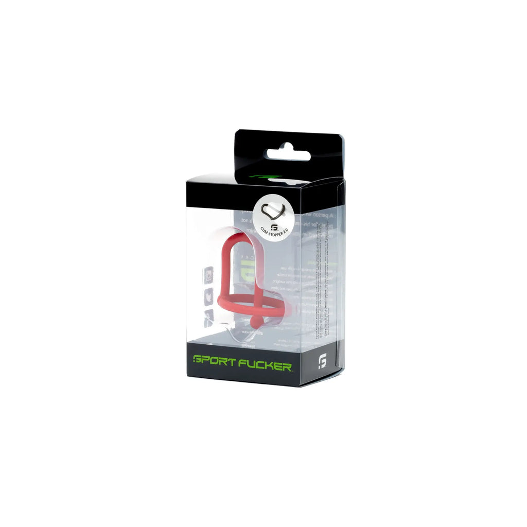 Red silicone sport flogger with black and green branded packaging from sport fucker cum stopper 2.0 red