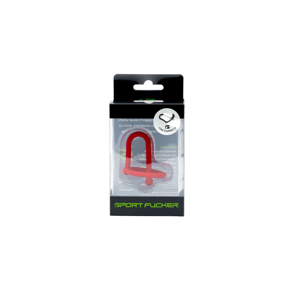 Red silicone u-shaped oral stopper sport fucker cum stopper 2.0 in black and clear plastic packaging