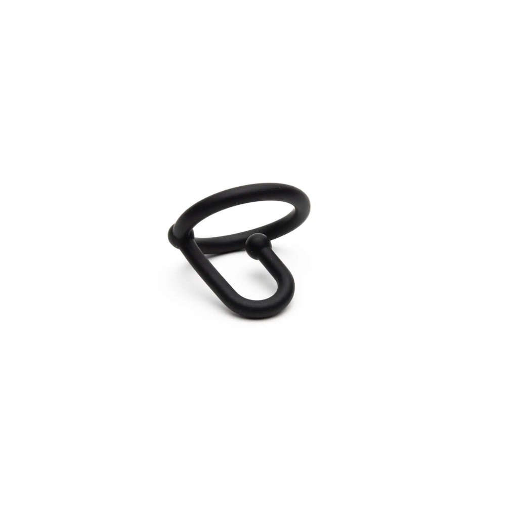 Black matte metal sport fucker cum stopper ring with sleek minimalist design featuring integrated loop and spherical accent