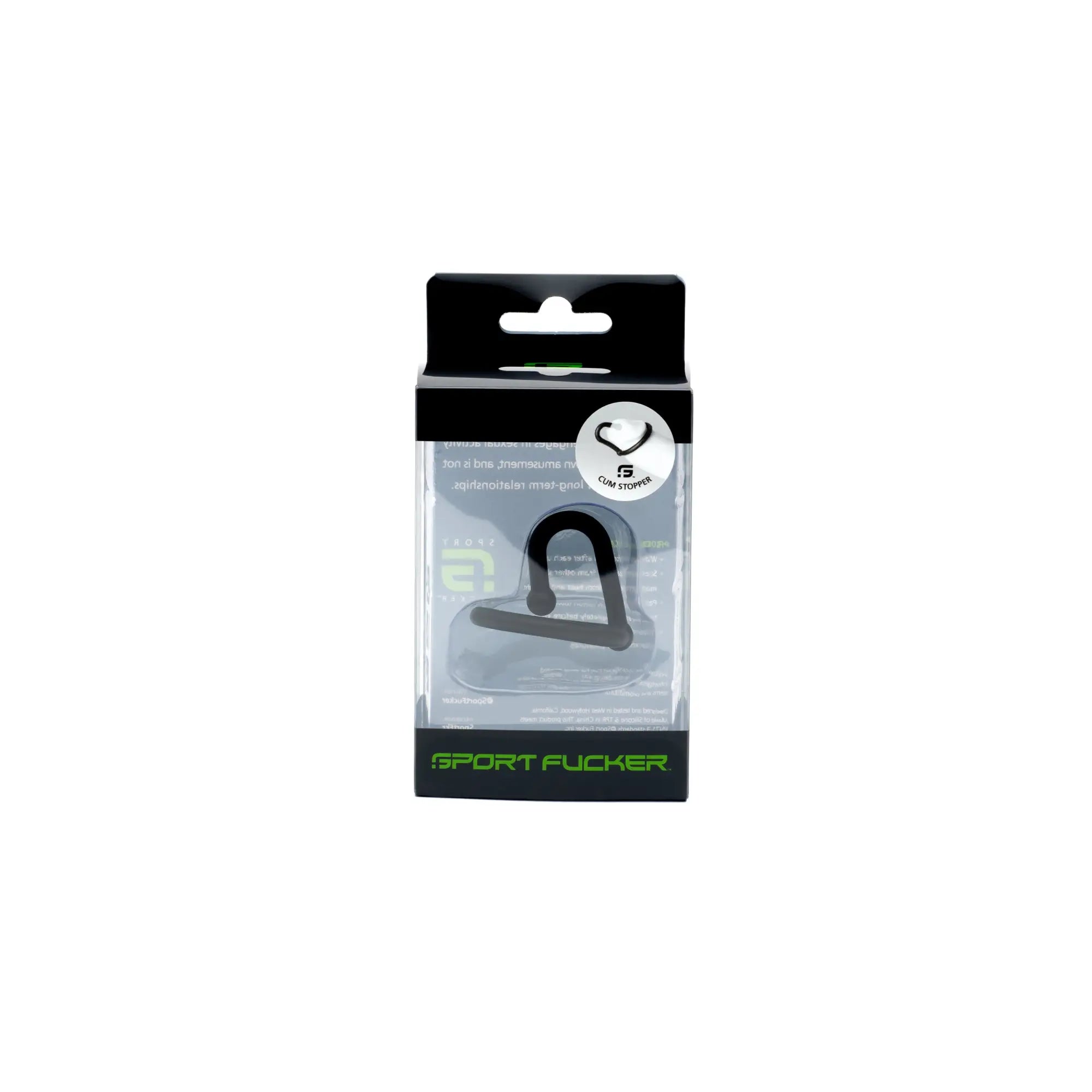 Black plastic ear clip with curved design packaged in clear and black box for sport fucker cum stopper by sport fucker black