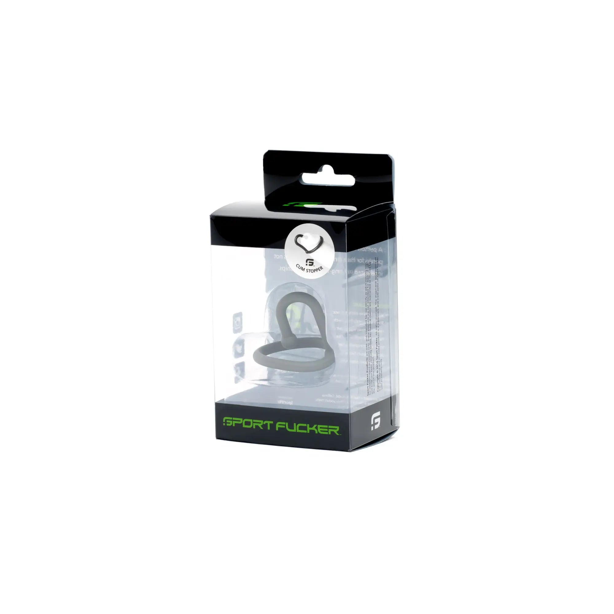 Gray silicone sport fucker cum stopper ring in black and clear plastic package by sport fucker