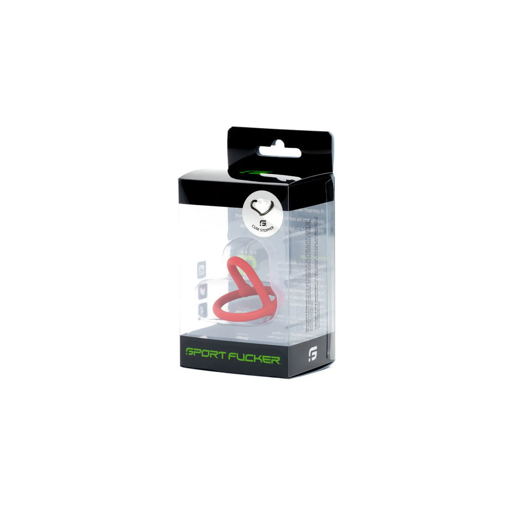 Sport Fucker cum stopper red heart-shaped silicone cow stopper in clear packaging with black and green branding