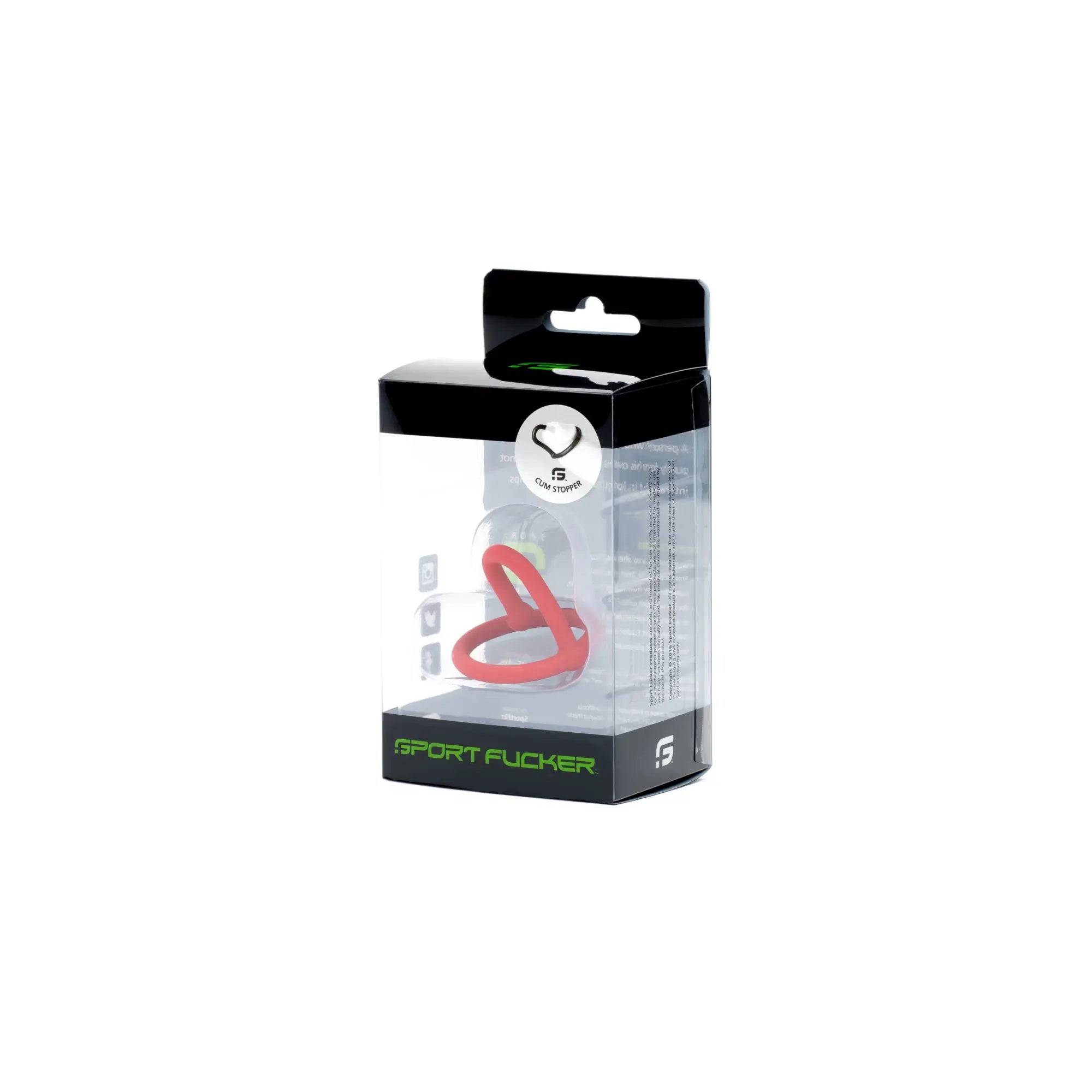 Sport Fucker cum stopper red heart-shaped silicone cow stopper in clear packaging with black and green branding