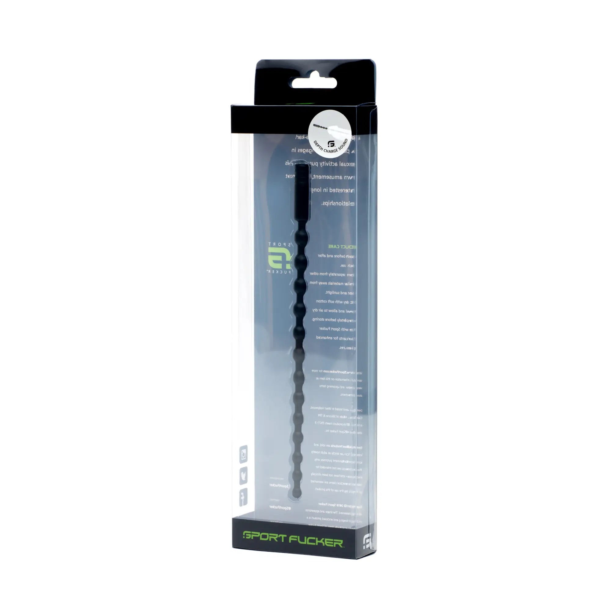 Black segmented plastic sport fucker depth charge sound toy in clear packaging with green branding and text