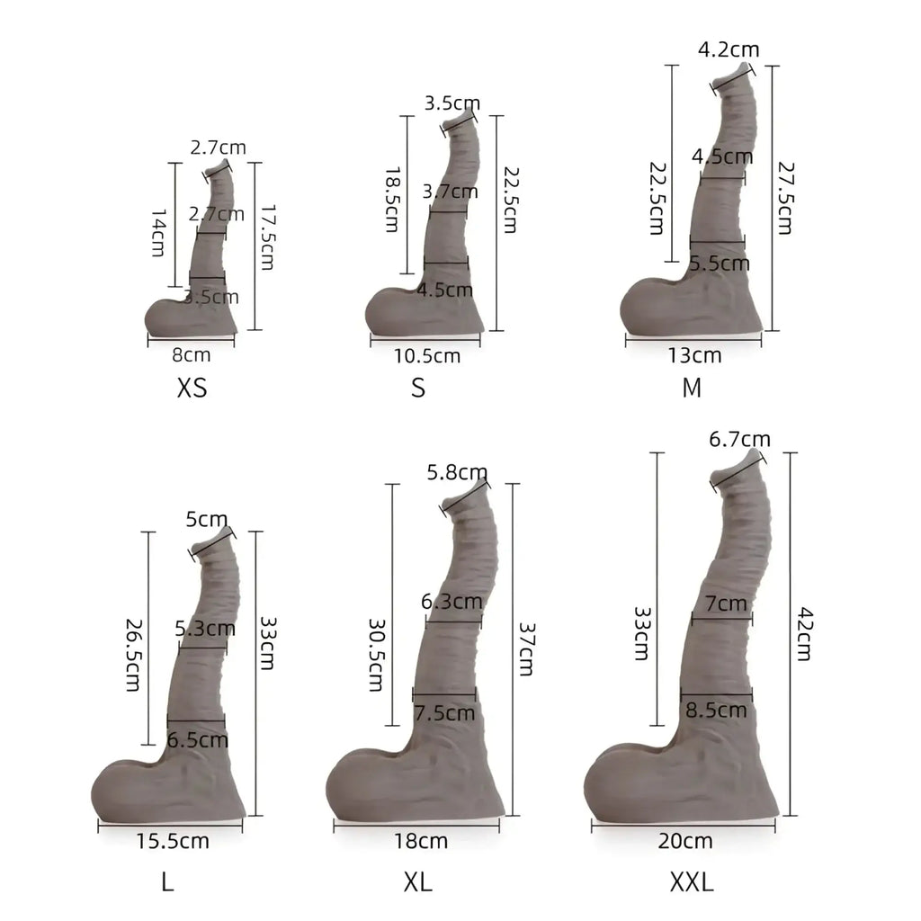 Gray liquid silicone phallic-shaped dildo in various sizes from xs to xxl sport fucker dexter medium m model