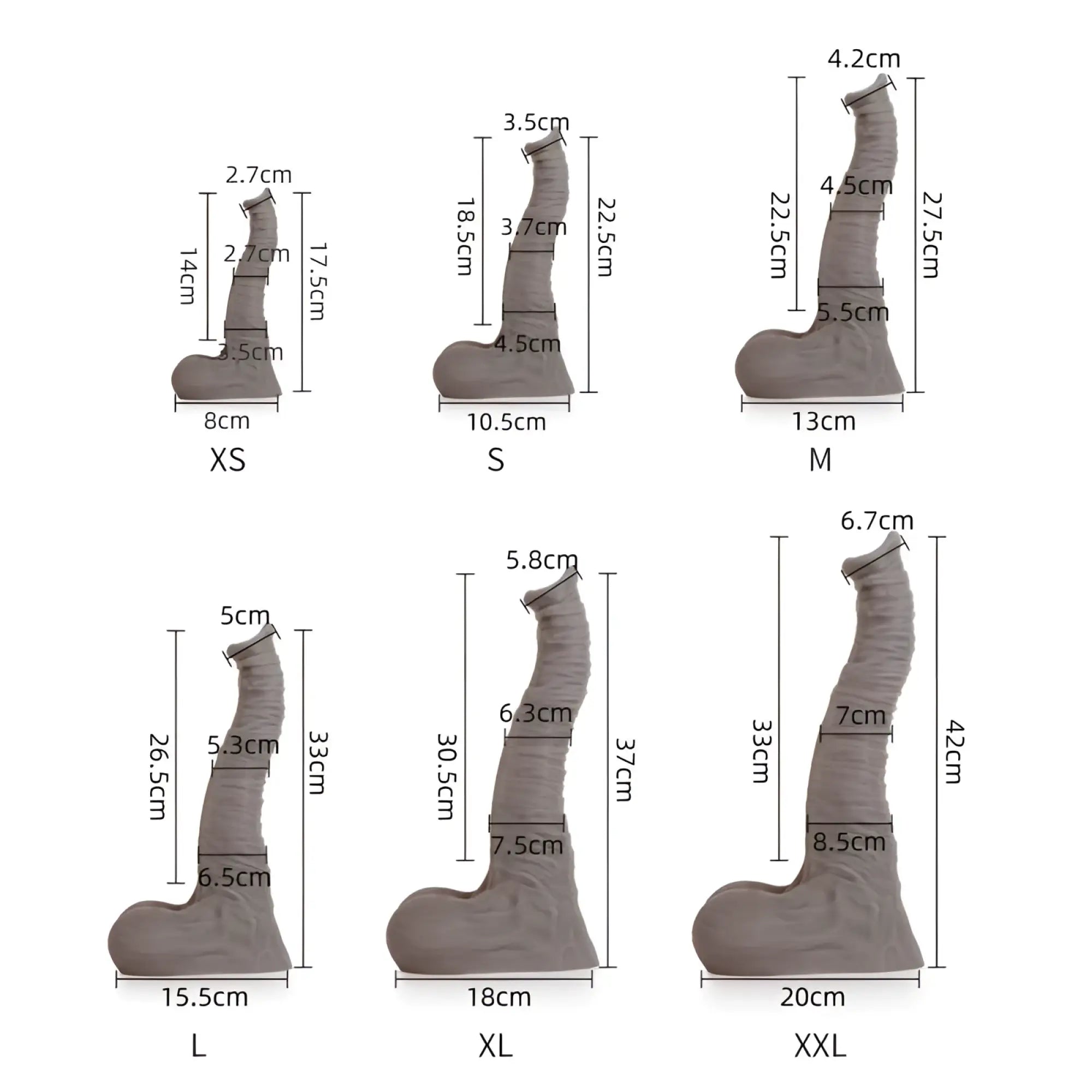 Gray liquid silicone phallic-shaped dildo in various sizes from xs to xxl sport fucker dexter medium m model