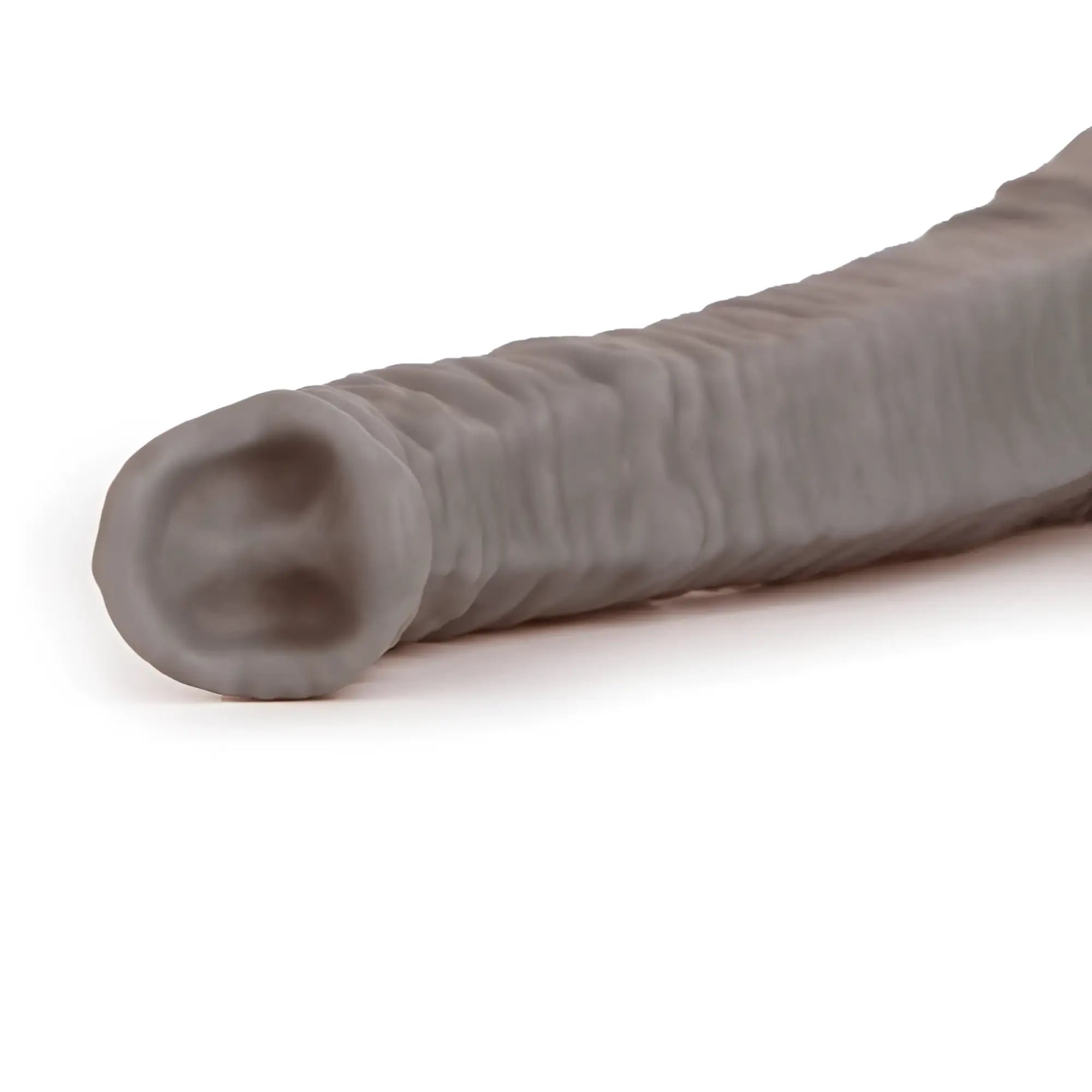 Gray silicone sport fucker dexter liquid silicone dildo medium m with textured ribbed surface shown from the back side