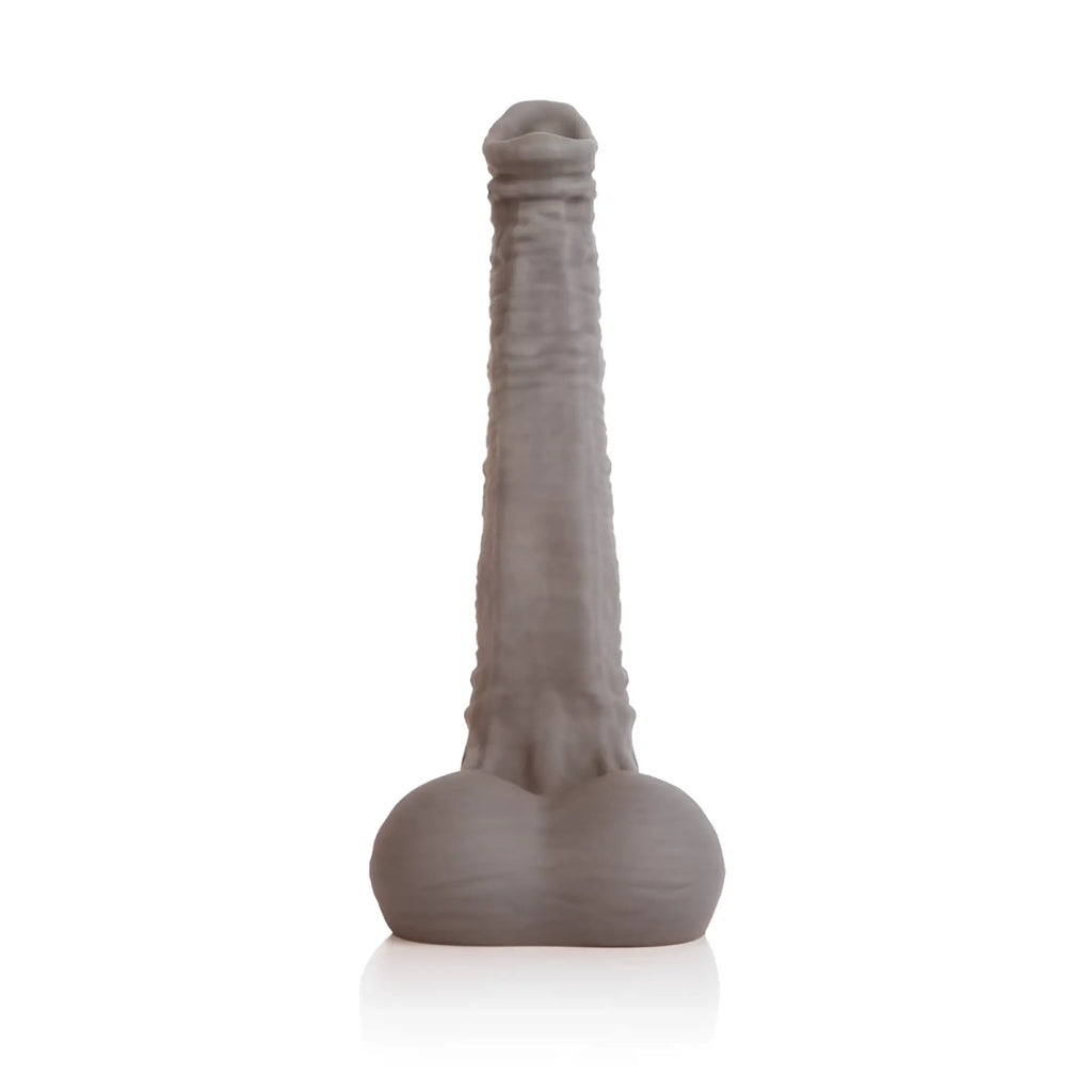 Gray silicone dildo with textured ridges and rounded base in medium sport fucker dexter liquid silicone dildo model