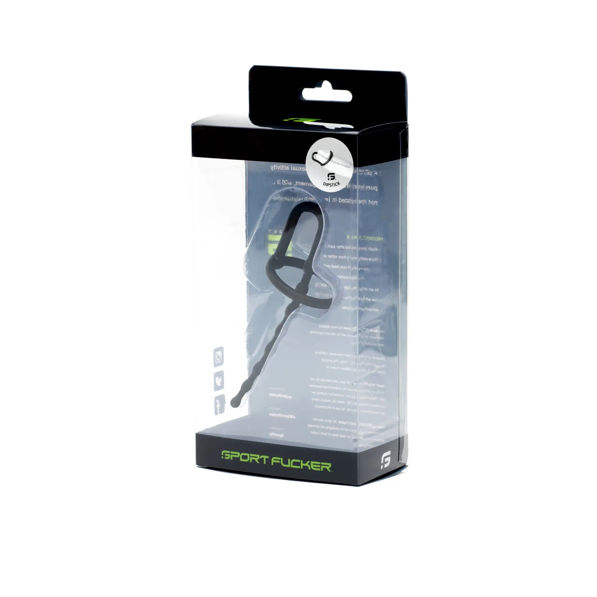 Black plastic sport fucker dipstick in clear packaging with green branding for sports use