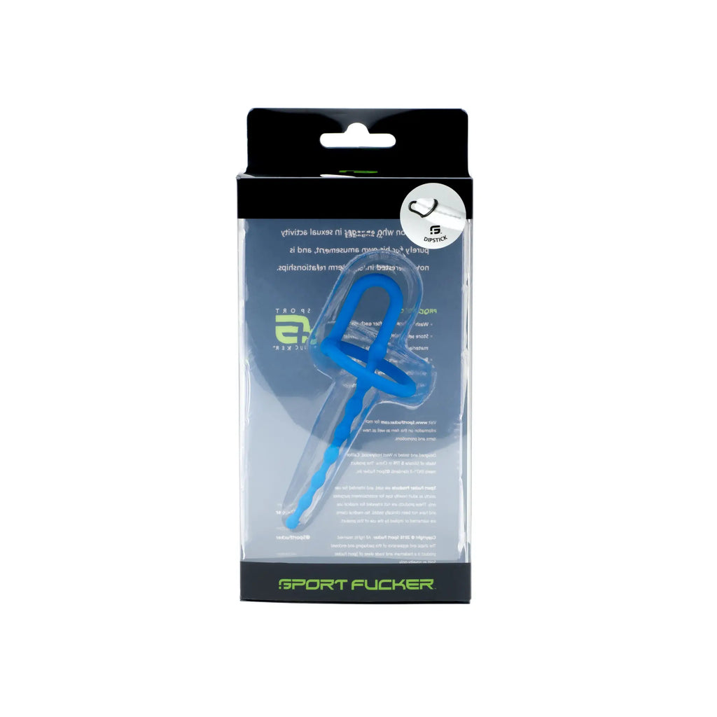 Blue plastic sport fucker dipstick in clear packaging designed for athletic use and durability