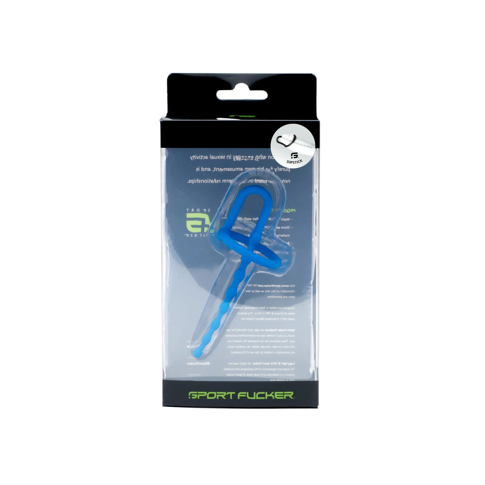 Blue plastic sport fucker dipstick in clear packaging designed for athletic use and durability
