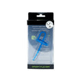 Blue plastic sport fucker dipstick in clear packaging designed for athletic use and durability