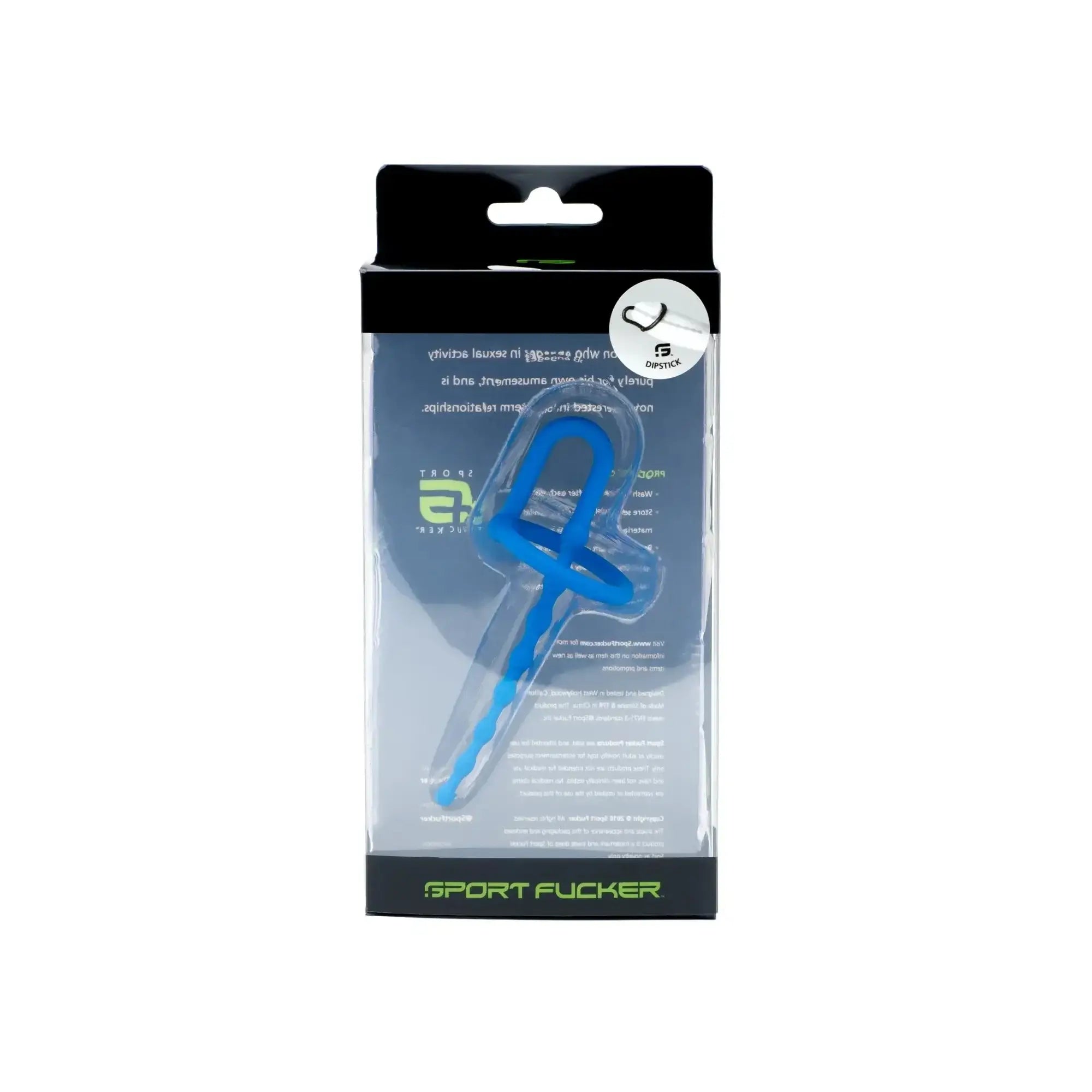 Blue plastic sport fucker dipstick in clear packaging designed for athletic use and durability