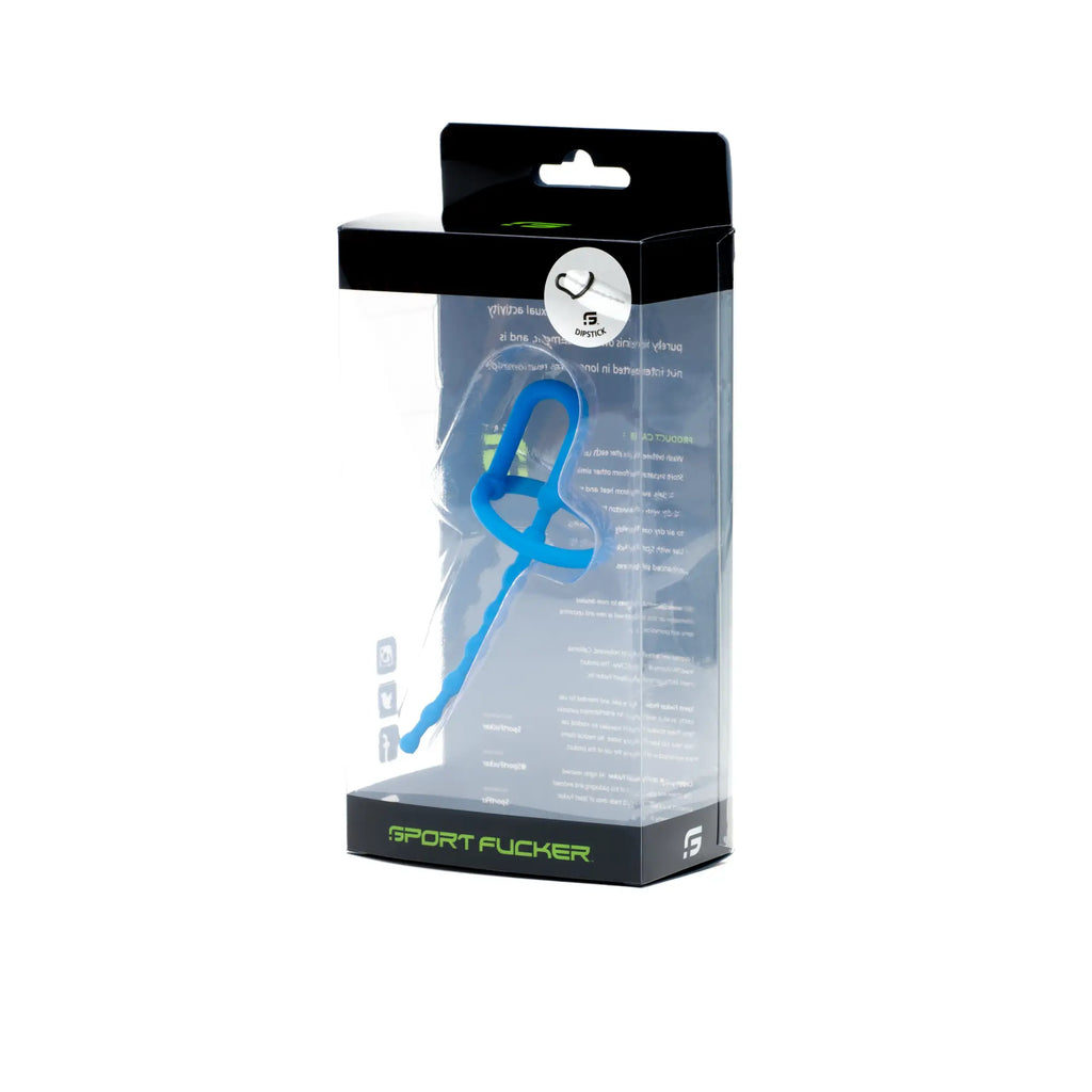 Blue silicone sport strap with black accents and sport fucker branding in clear packaging for Sport Fucker Dipstick Blue