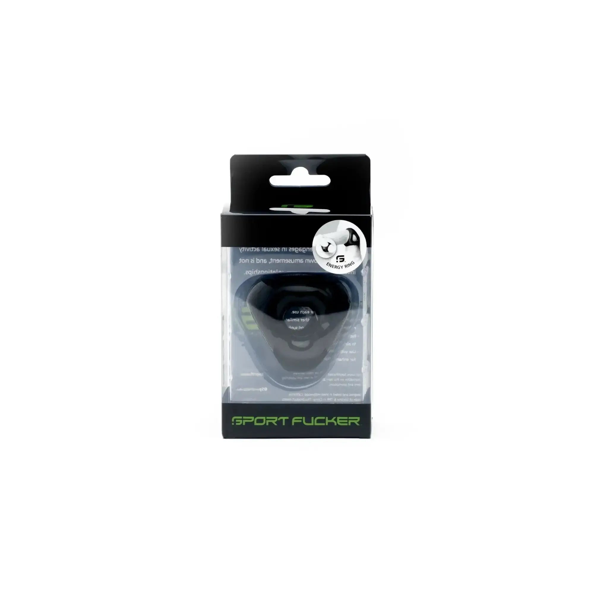 Black plastic sports performance energy ring in clear packaging with green sport fucker branding visible
